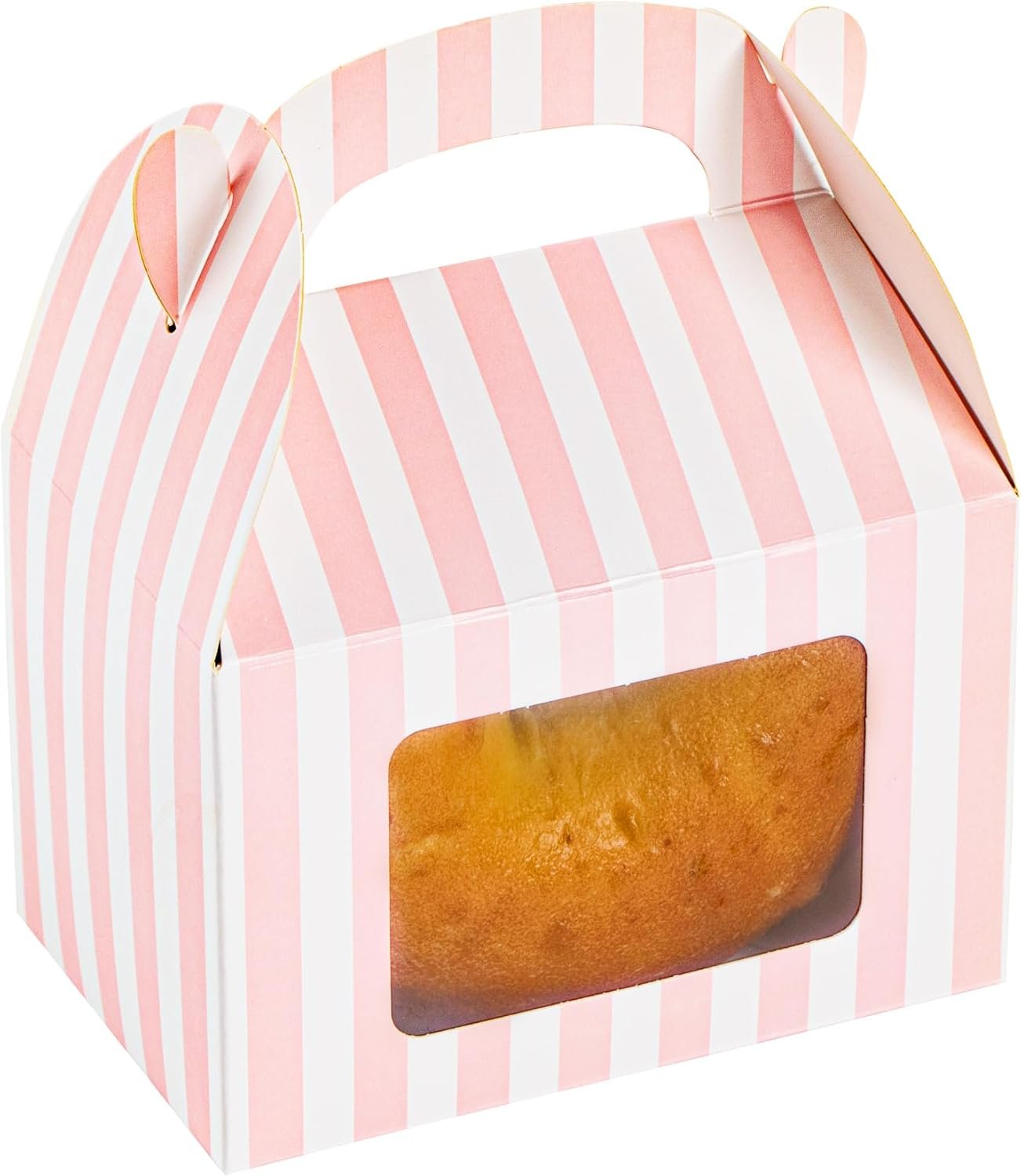 Wholesale 4x2.5x2.5 Inch Striped Pink White Gable Barn Boxes Clear PET Window Built-In Handle 25 Pack Party Favors Factory