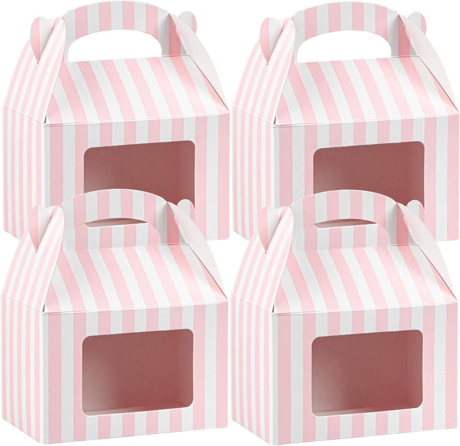 Bio Tek 4 x 2.5 x 2.5 Inch Gable Boxes For Party Favors, 25 Attractive Gift Boxes - Striped Pattern, Pink And White Paper Barn Boxes, Clear PET Window, With Built-In Handle