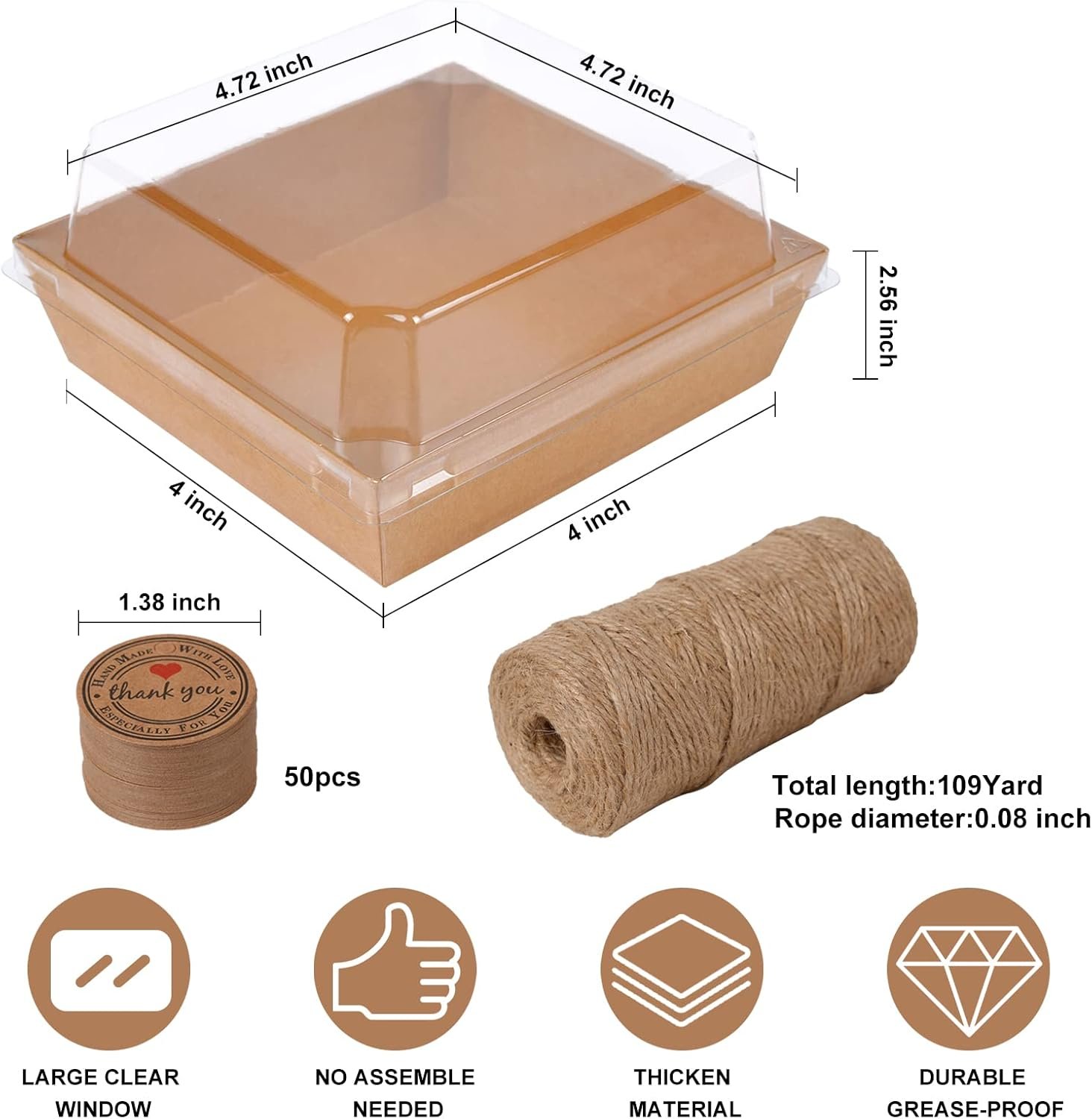Wholesale 50 Pack 4-Inch Brown Oil-Proof Kraft Paper Charcuterie Boxes with Clear Lids for Sandwiches Cookies Cupcakes Strawberries Bakery Containers Factory
