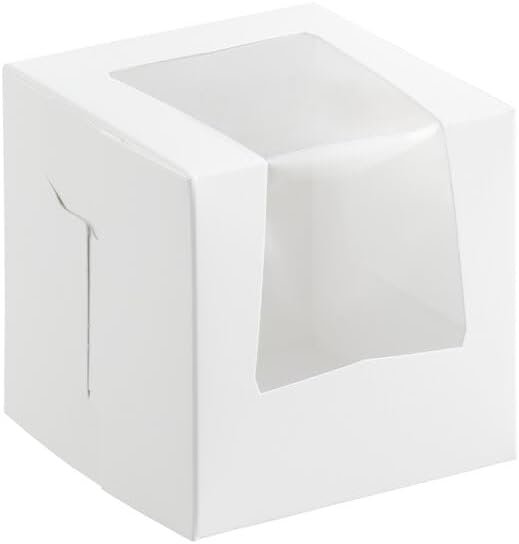 White Window Bakery Box, 4x4x4 Inches, Paperboard, Lock Corner, Single Compartment, for Cupcakes and Pastries, 200 Count