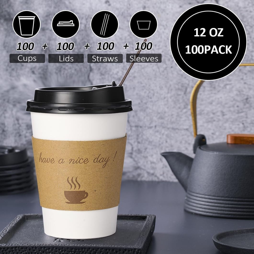 Wholesale 100 Pack 12oz White Disposable Thickened Coffee Cups with Lids Sleeves Straws Scald-Resistant To-Go Hot Cups Factory