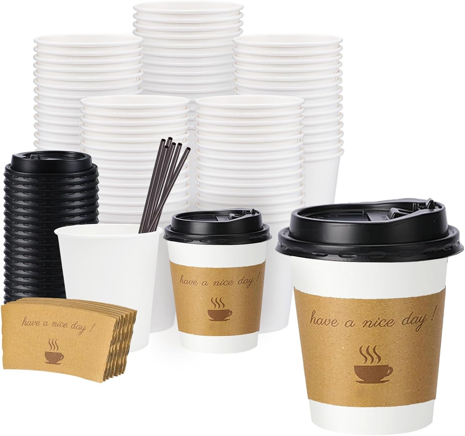 100 pack 12 oz Disposable Thickened Coffee Cups with Lids, Scald Resistant Hot Cup with Sleeve and Straw, To Go Coffee Cups for Home, Office, Cafes and Party (White 12oz)
