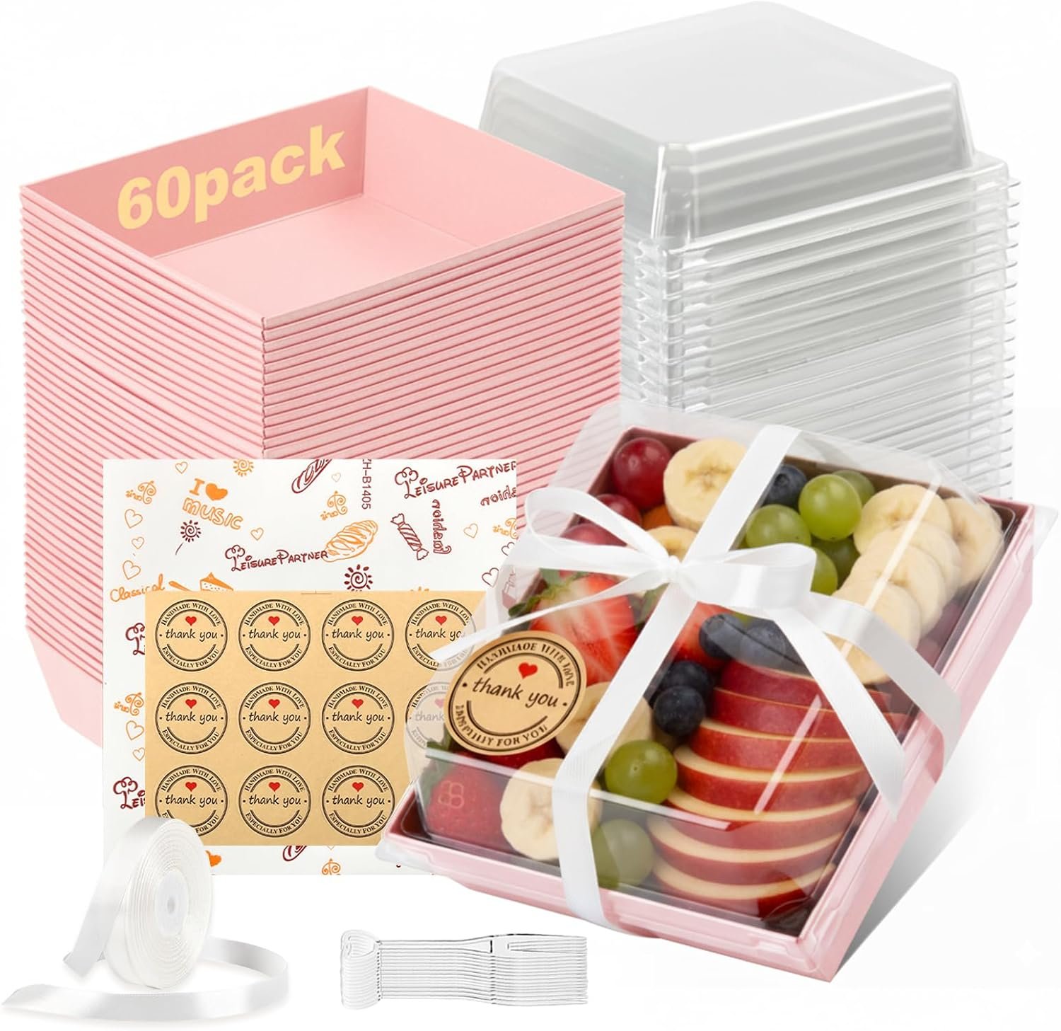 60Pcs Small Charcuterie Boxes with Clear Lids - 5 Inch Disposable Paper Mini Charcuterie Boxes, To Go Bakery Dessert Boxes with Lid for Sandwich, Cookie, Sushi, Cake Slice, and Strawberries (Pink)