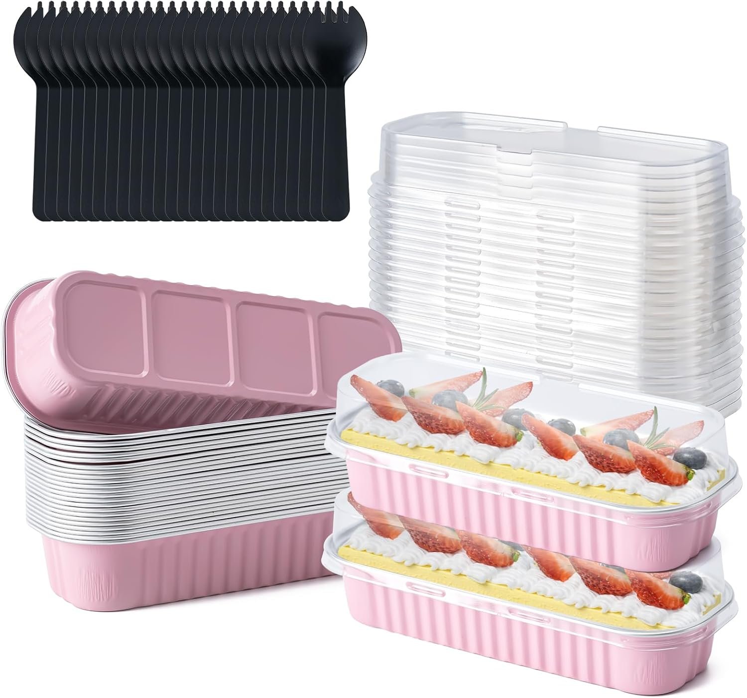 25 Pack Mini Cake Pans with Lids and Spoons, Small Aluminum Foil Loaf Pans, Rectangular Baking Containers for Party and Picnics, 6.8oz (Pink)