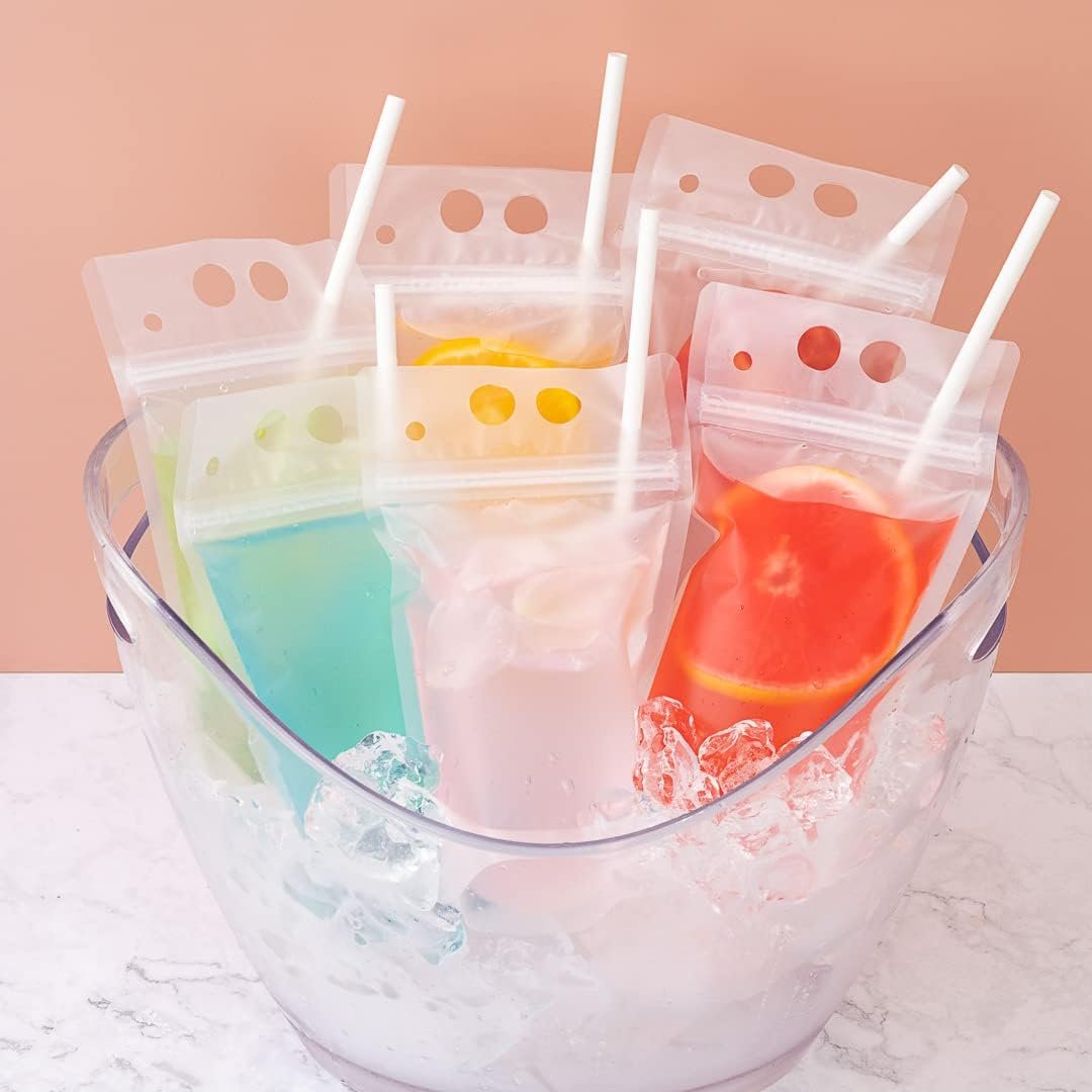 Wholesale 5.1 x 1.6 Inch Double Zipper Drink Pouches 100 Count Hand-Held Straw Storage Translucent Plastic Heavy Duty Tamper-Evident Juice Bags Factory