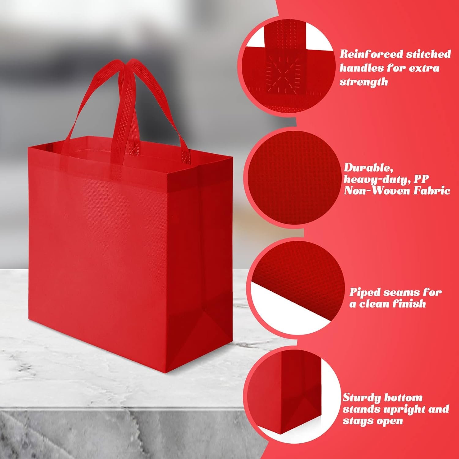 Wholesale 50 Pieces Reusable Non-Woven Foldable Tote Shopping Bags with Handles for Boutiques Red Factory Wholesale 50 Pieces Reusable Non-Woven Foldable Tote Shopping Bags with Handles for Boutiques Red Factory