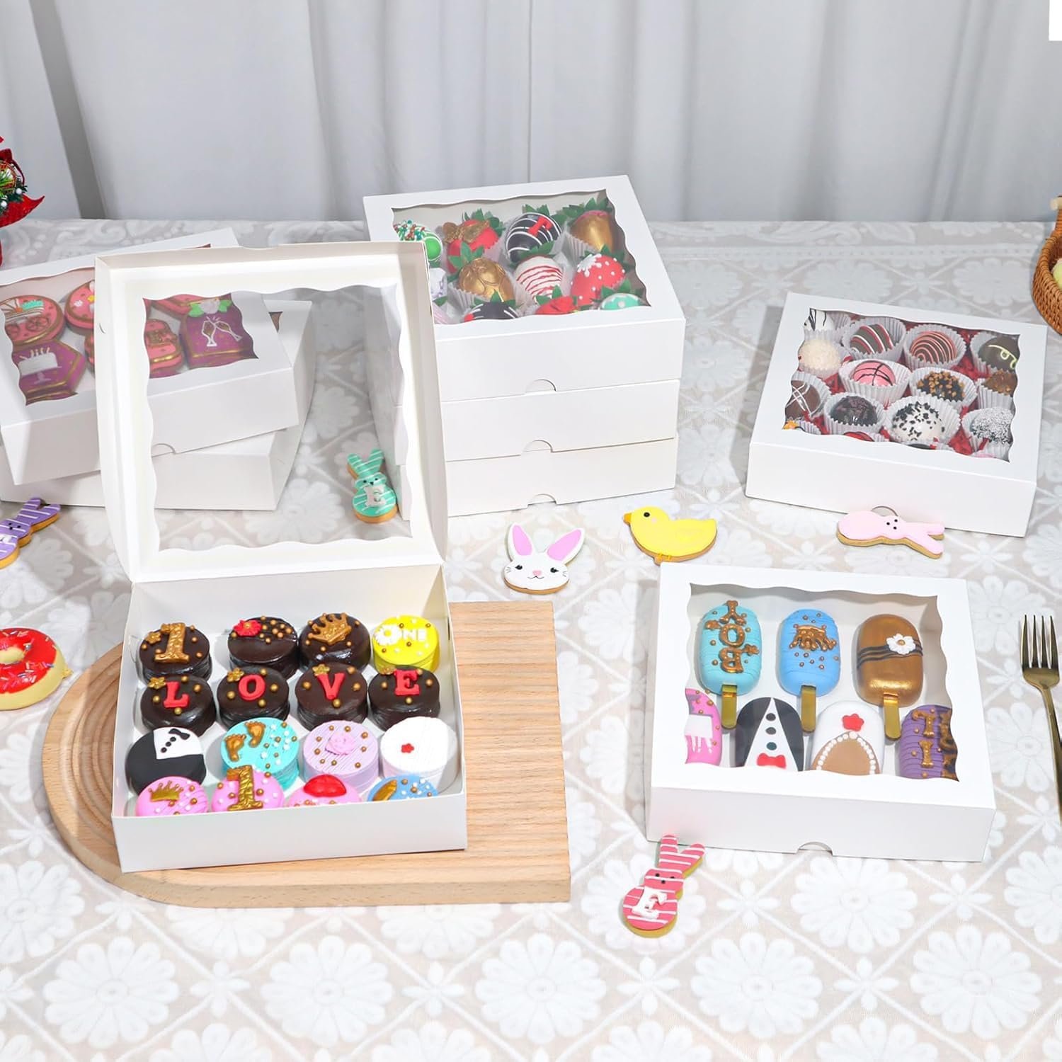 Wholesale 15pcs 8x8x2 Inch Window Bakery Boxes for Cookies Chocolate Strawberries Cakesicles Pies Truffles Easter Treats Factory