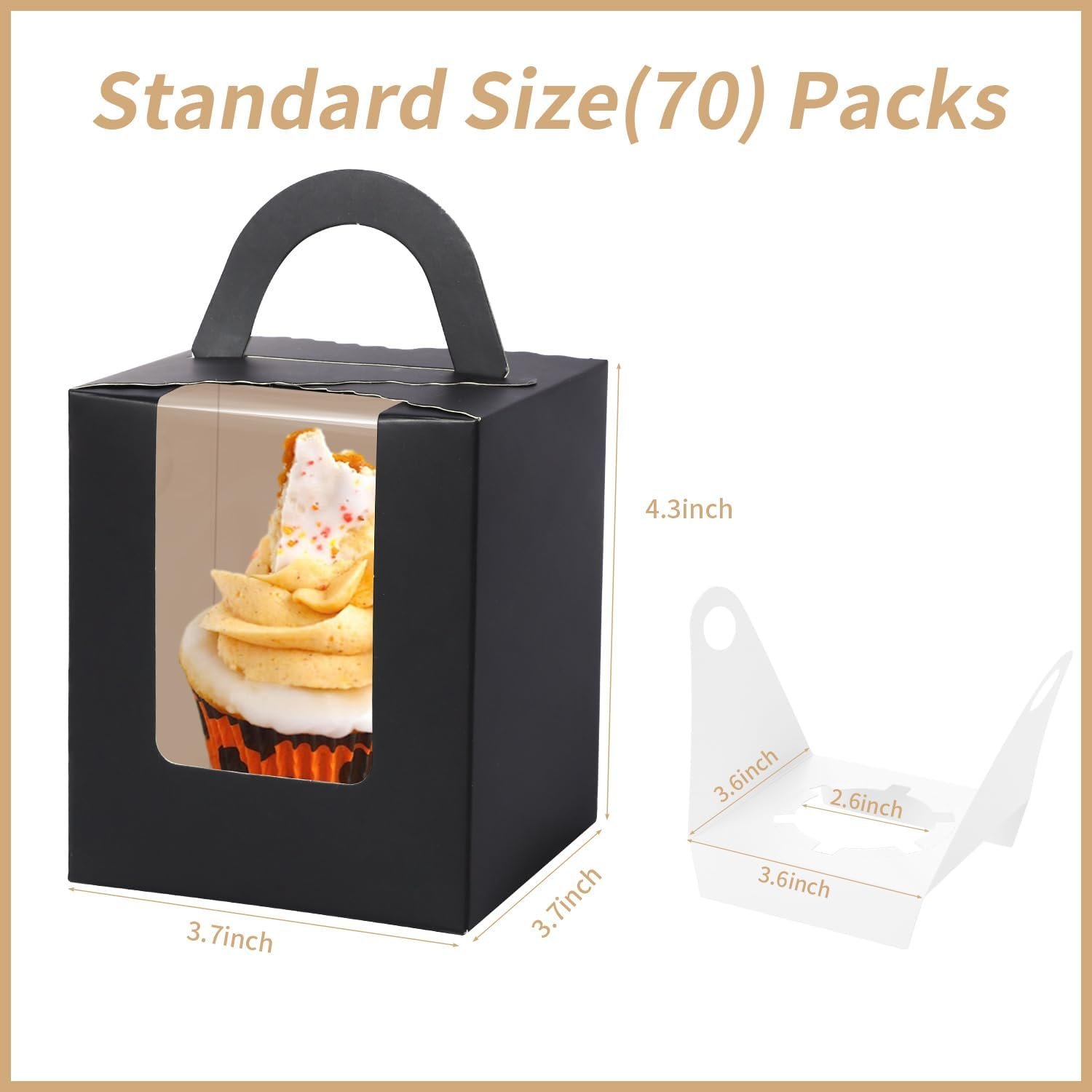 Wholesale 70pcs Black Portable Individual Cupcake Boxes with Handles Clear Window Inserts for Muffins Cookies Donuts Desserts Carrier Holder Manufacturer