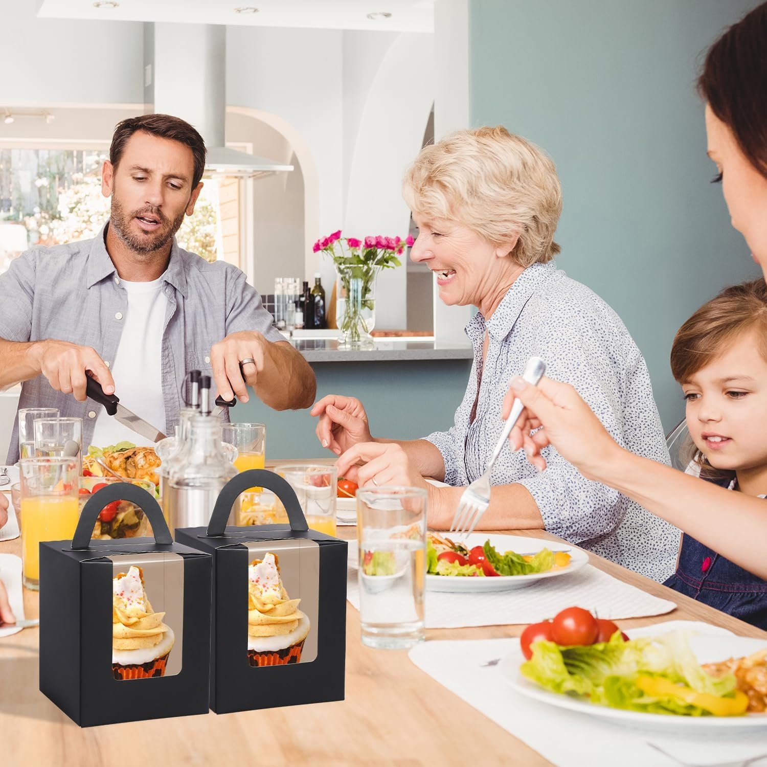 Wholesale 70pcs Black Portable Individual Cupcake Boxes with Handles Clear Window Inserts for Muffins Cookies Donuts Desserts Carrier Holder Manufacturer