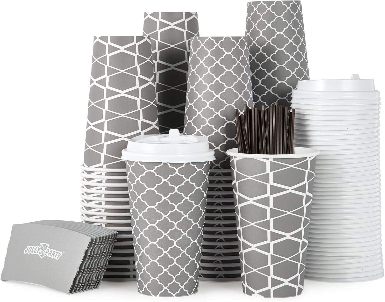 JOLLY PARTY [100 Sets] 16 oz Paper Coffee Cups, Disposable Coffee Cups with Lids, Sleeves and Straws, Hot Cold Beverage Drinking Cup for Water, Coffee or Tea, To-Go Cup Suitable for Office and Travel