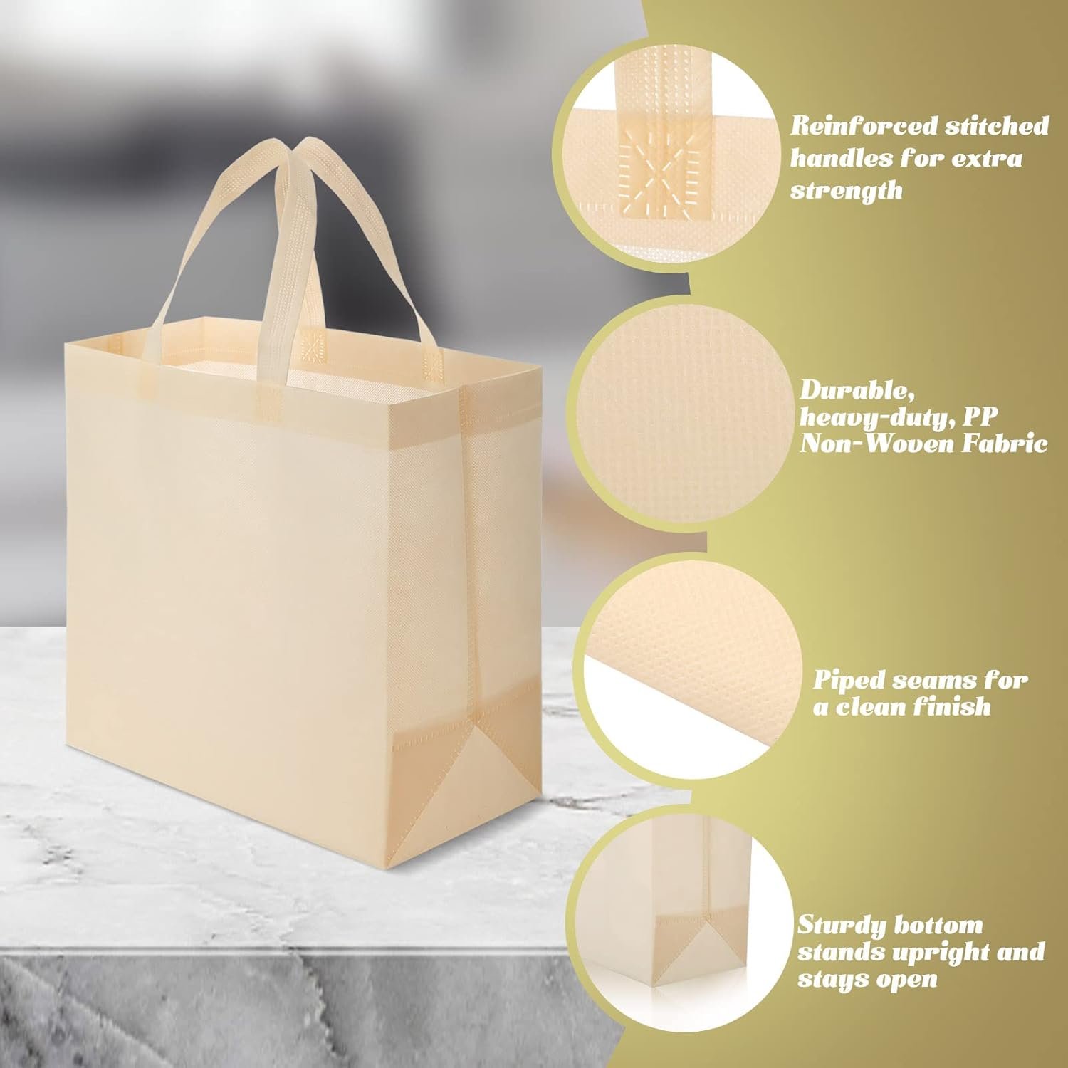 Wholesale 50 Pieces Reusable Non Woven Foldable Tote Bags with Handles Grocery Shopping for Boutiques Beige Factory Wholesale 50 Pieces Reusable Non Woven Foldable Tote Bags with Handles Grocery Shopping for Boutiques Beige Factory