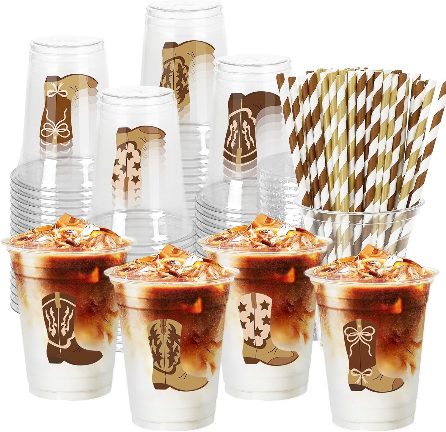 Wholesale 100 Pack 12oz Cowboy Plastic Disposable Cups with Lids Straws Brown Boots Design for Western Birthday Baby Shower 4 Patterns Factory