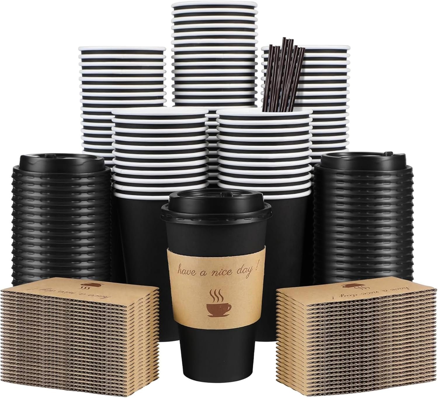 Wholesale 100 Pack 16oz Disposable Paper Coffee Cups with Lids Sleeves Stirrers for Hot Cold Drinks Black Factory