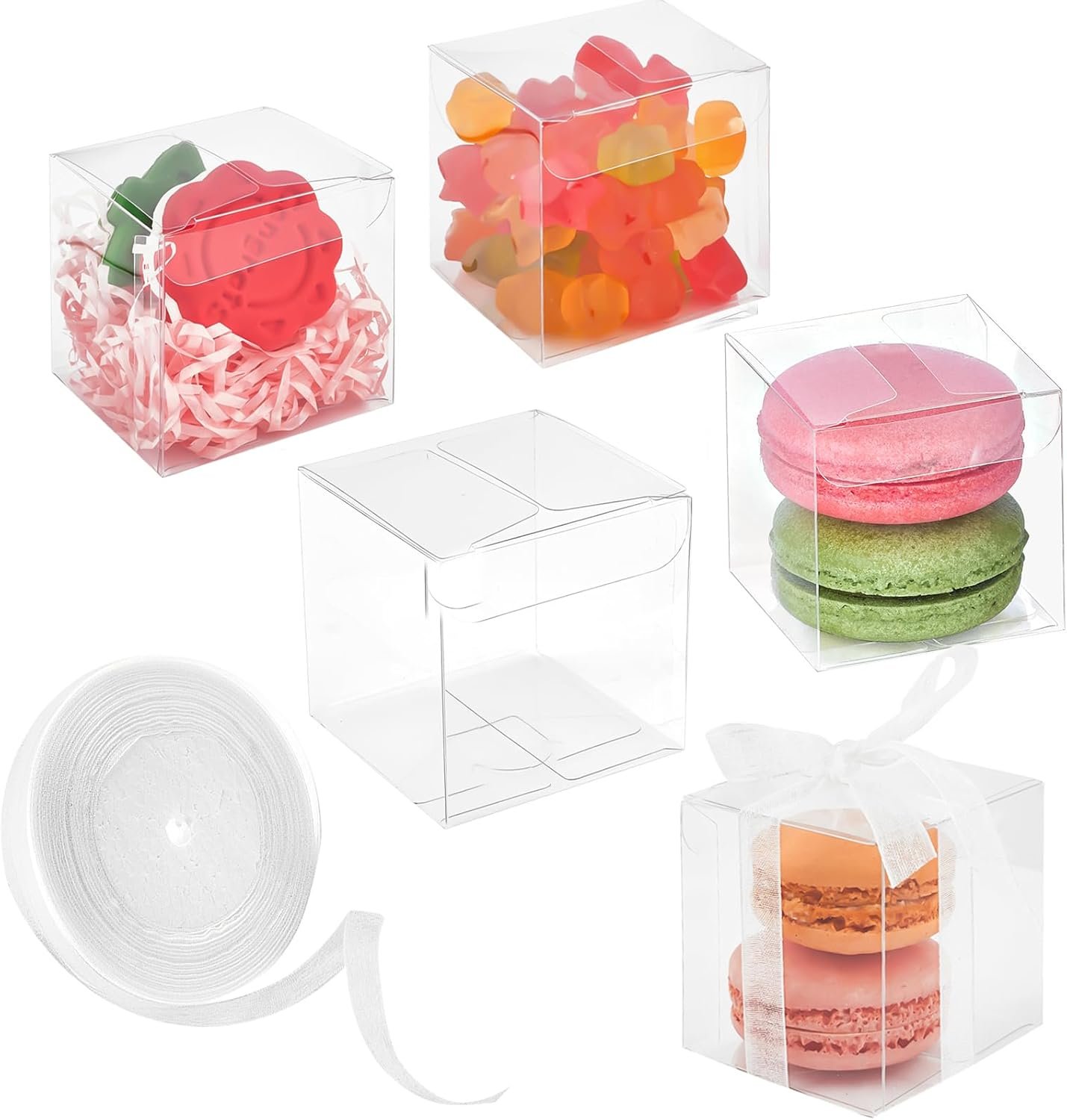Wholesale 100 Pack 2x2x2 Inch Clear Favor Boxes with Ribbons Mini Transparent Cube for Candy Chocolate Bombs Plastic Individual Macaron Packaging Factory