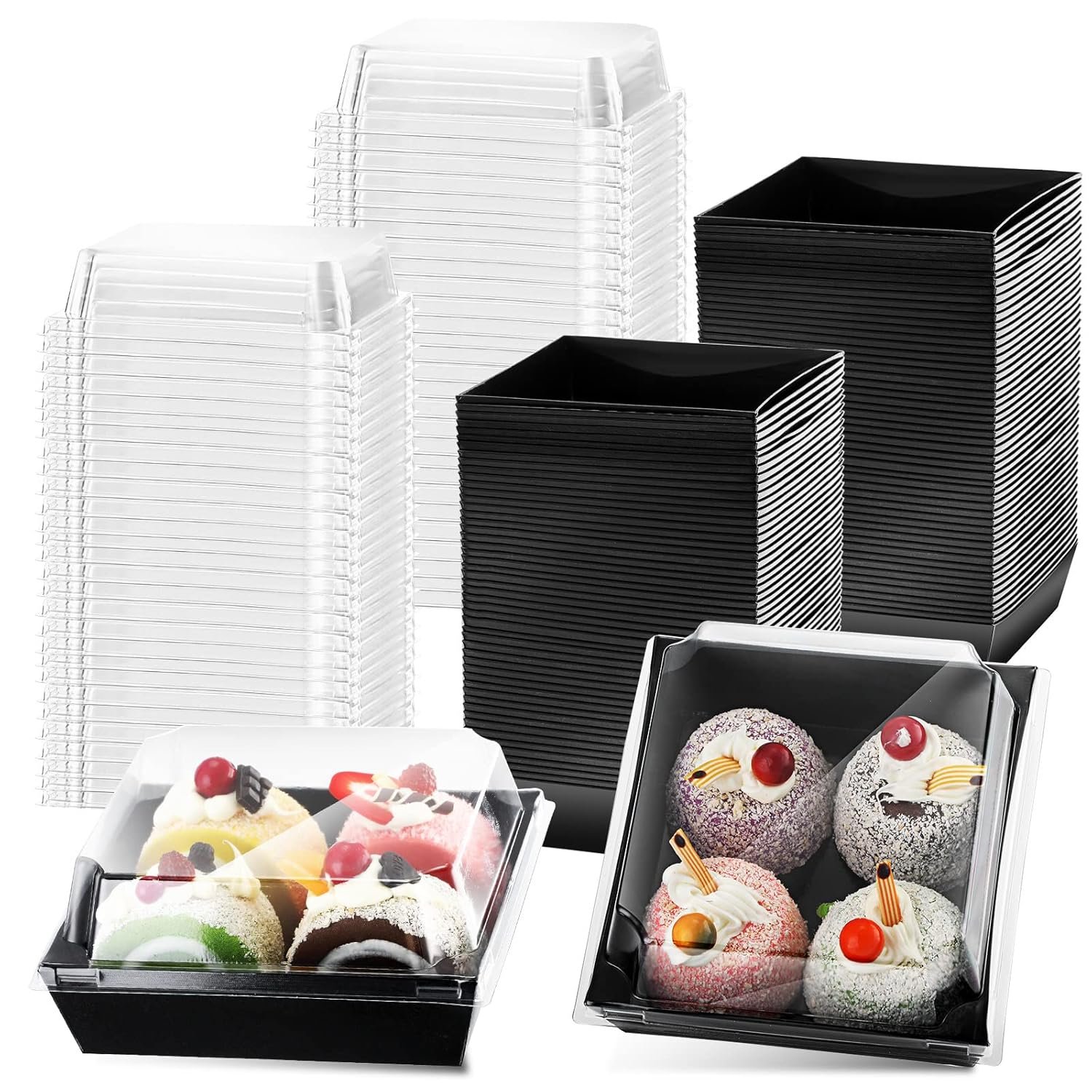 Wholesale 100 Pack 5 Inch Black Square Paper Charcuterie Boxes Clear Lids Disposable Cookie Containers for Desserts Cakes Hot Cocoa Bombs Strawberries Factory