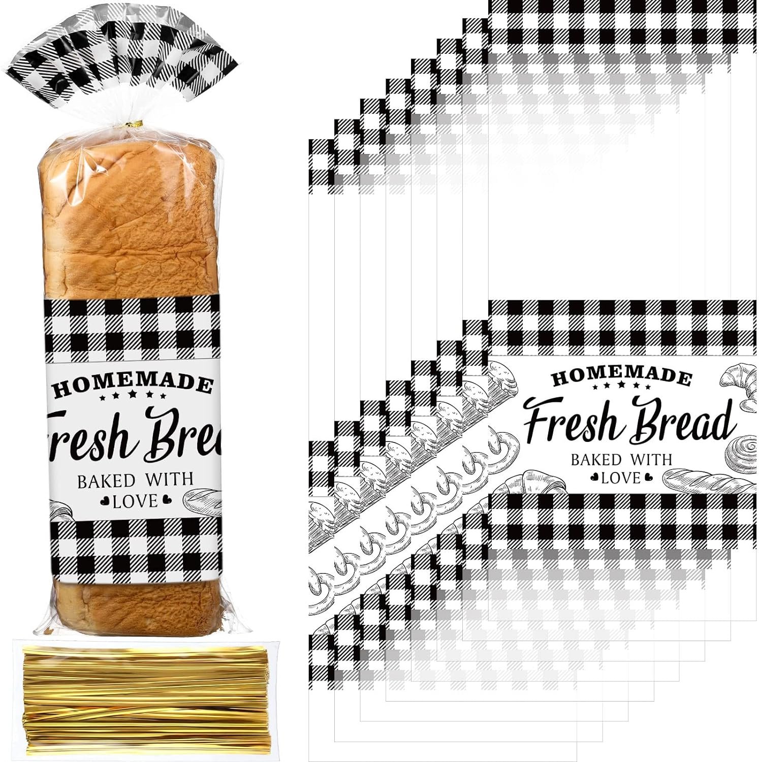 Wholesale 100 Pack Clear Plastic Bread Bags with Twist Ties Black Buffalo Plaid Design for Sourdough Cookies Rolls Bakery Home Bakers Gift Packaging Factory