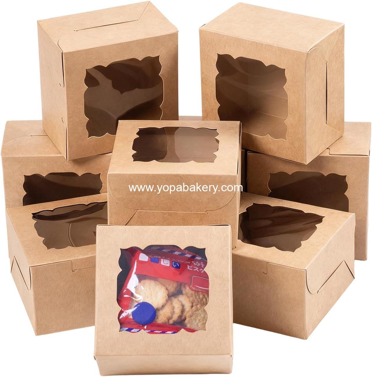 Wholesale 24 Pack 4x4x2.5 Inch Brown Bakery Boxes with Window for Cookies Pastries Mini Cakes Strawberries Donuts Cupcakes Factory
