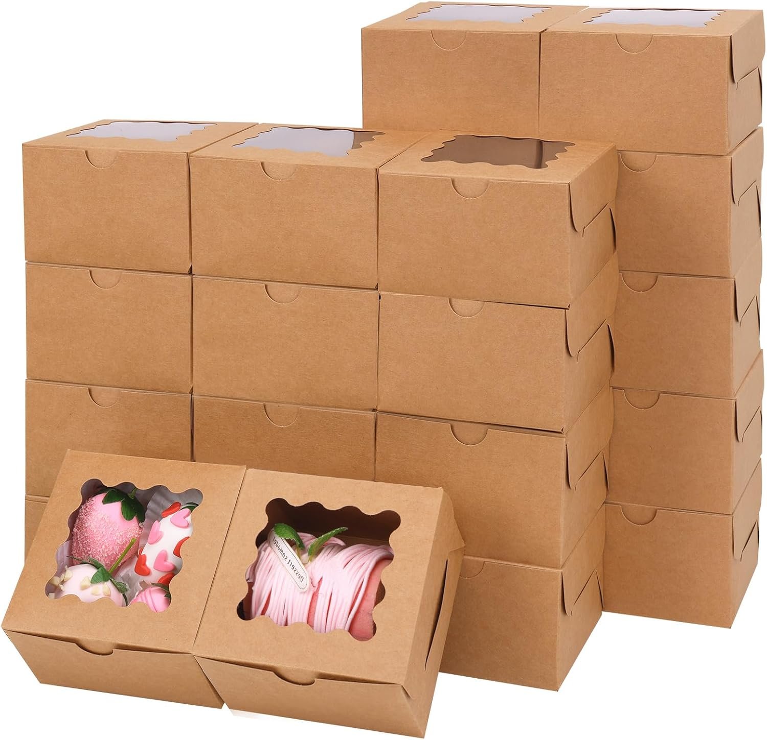 Wholesale 24pcs 4x4x2.5 Inch Brown Bakery Boxes with Window for Cookies Pastries Treats Desserts Factory
