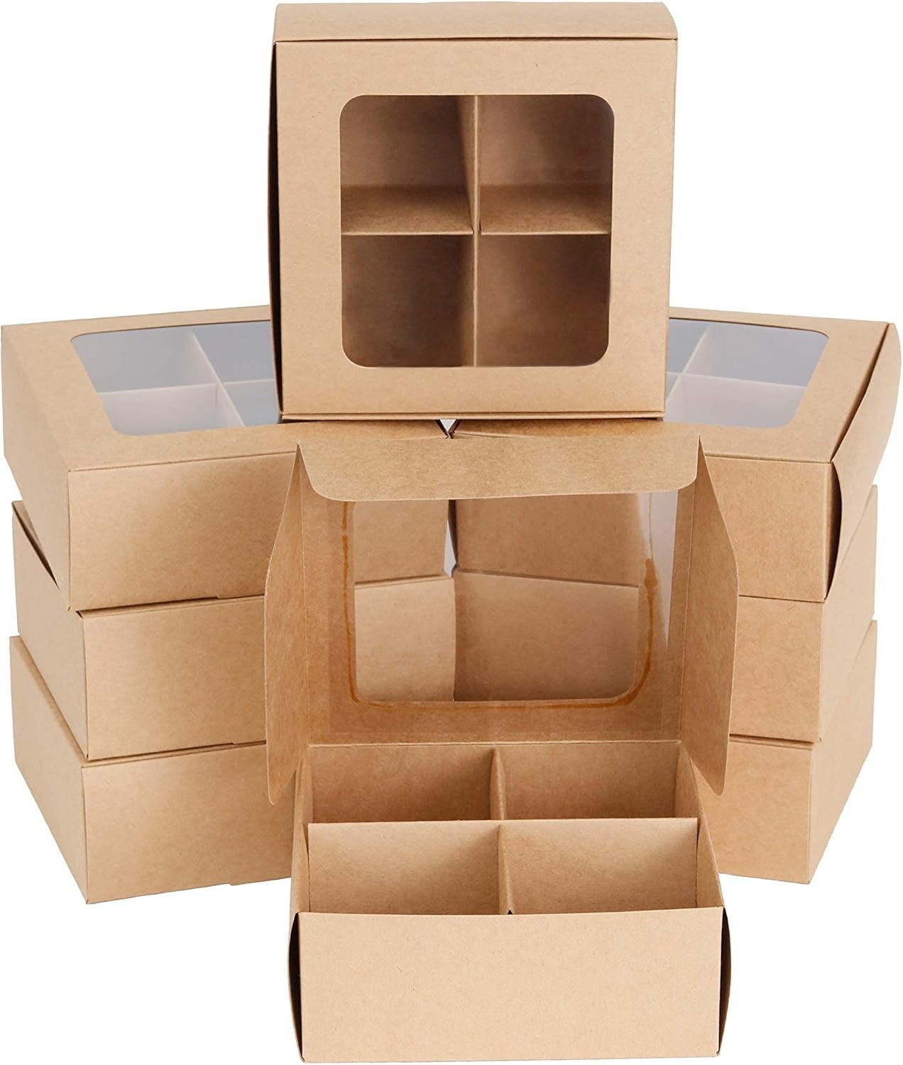 Wholesale 24pcs Kraft Treat Boxes with Window Dividers 4 Medium Compartments 6x6x2.4in Cookie Pastry Baked Goods Valentine Boxes Factory