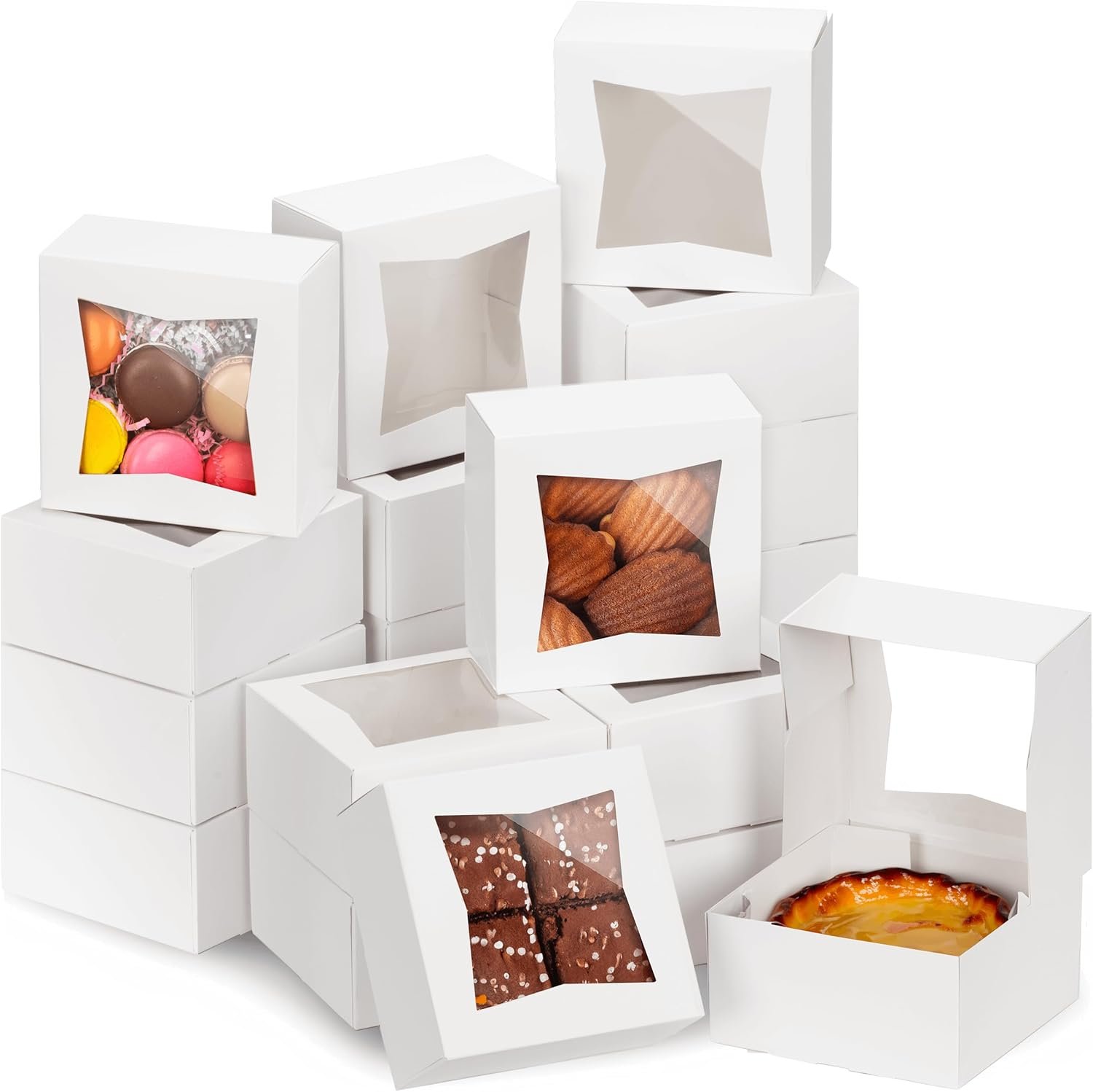 Wholesale 25 Pack 6x6x3 Auto-Popup Bakery Boxes with Window Cardboard Cookie Packaging for Cupcakes Cakes Pastries Charcuterie Treats White Factory