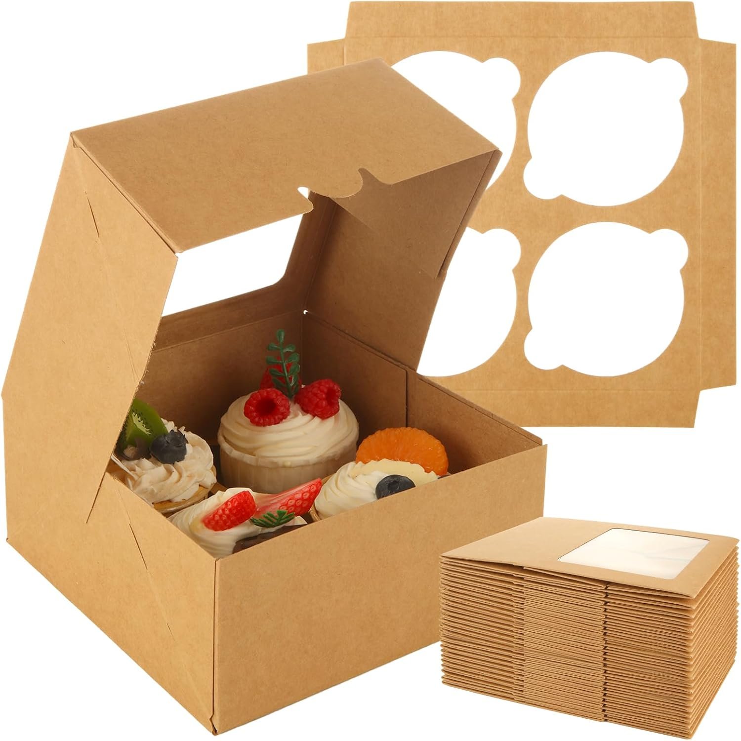 Wholesale 40-Pack 6x6 Brown Cupcake Boxes Hold 4 Standard Cupcakes Window Insert Food Grade Bakery Holders Muffins Pastries Carrier Factory