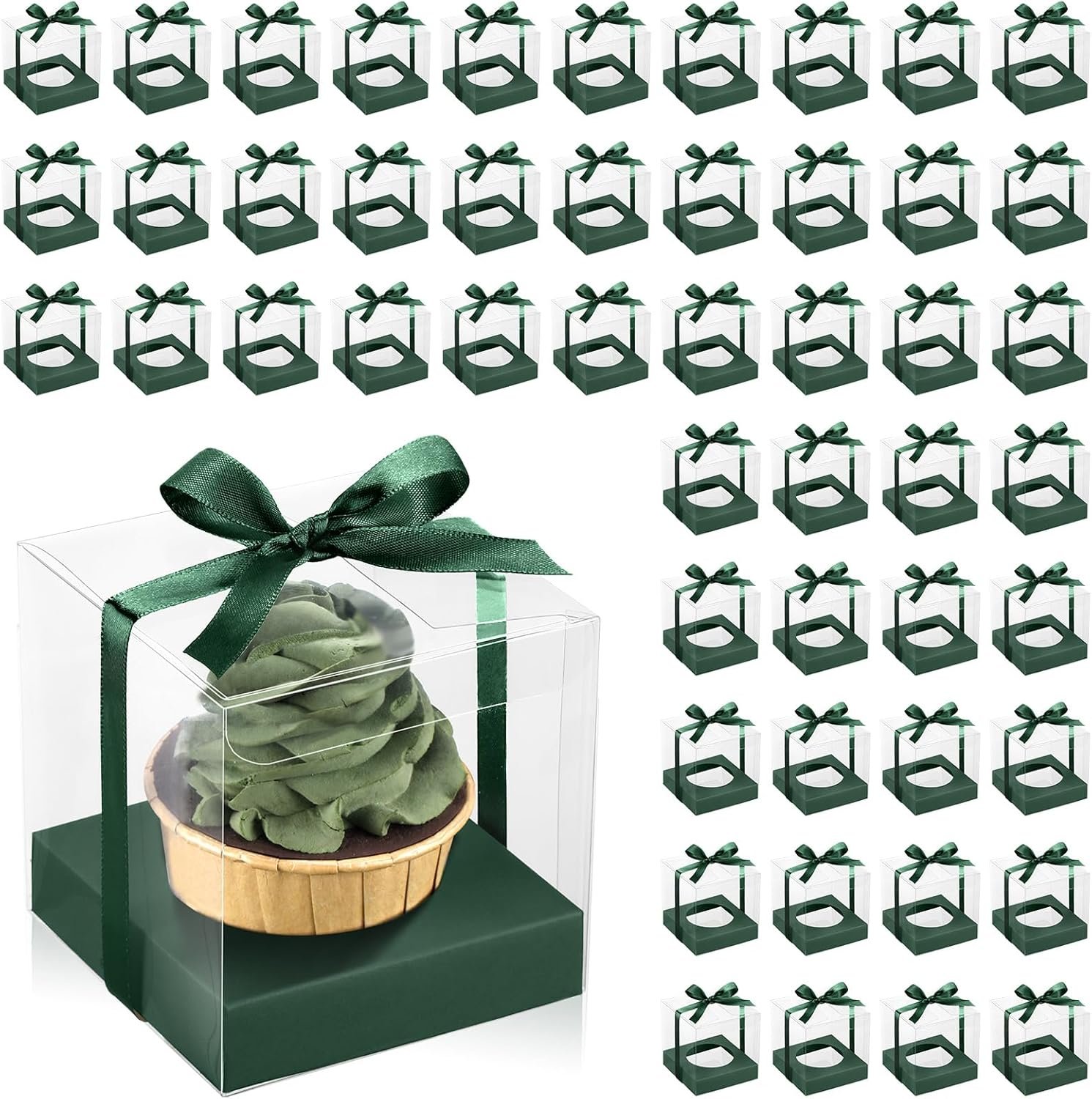 Wholesale 50pcs 3.5 Inch Clear Plastic Individual Cupcake Boxes with Inserts Ribbon Green Cake Storage Factory