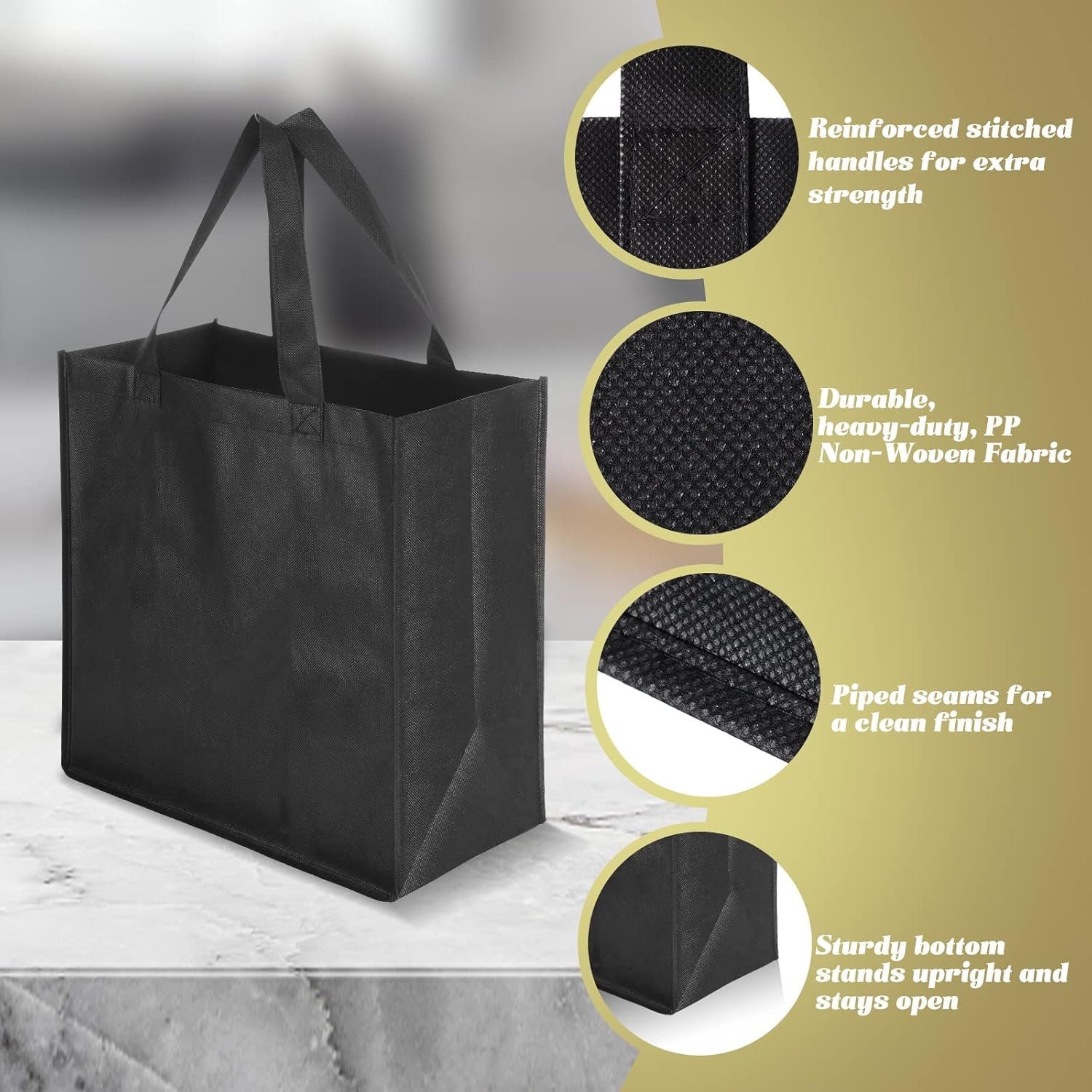 Wholesale 100 PCS Reusable Non Woven Grocery Handle Tote Bags for Shop Events Retail Stores Black Factory Wholesale 100 PCS Reusable Non Woven Grocery Handle Tote Bags for Shop Events Retail Stores Black Factory