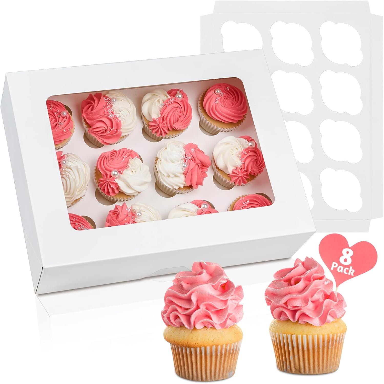12 Count Cupcake Boxes, 8 Pack Auto-Popup White Cupcake Containers with Window and Inserts Cupcake Carrier with Holders to Fit Dozen Cupcakes and Muffins