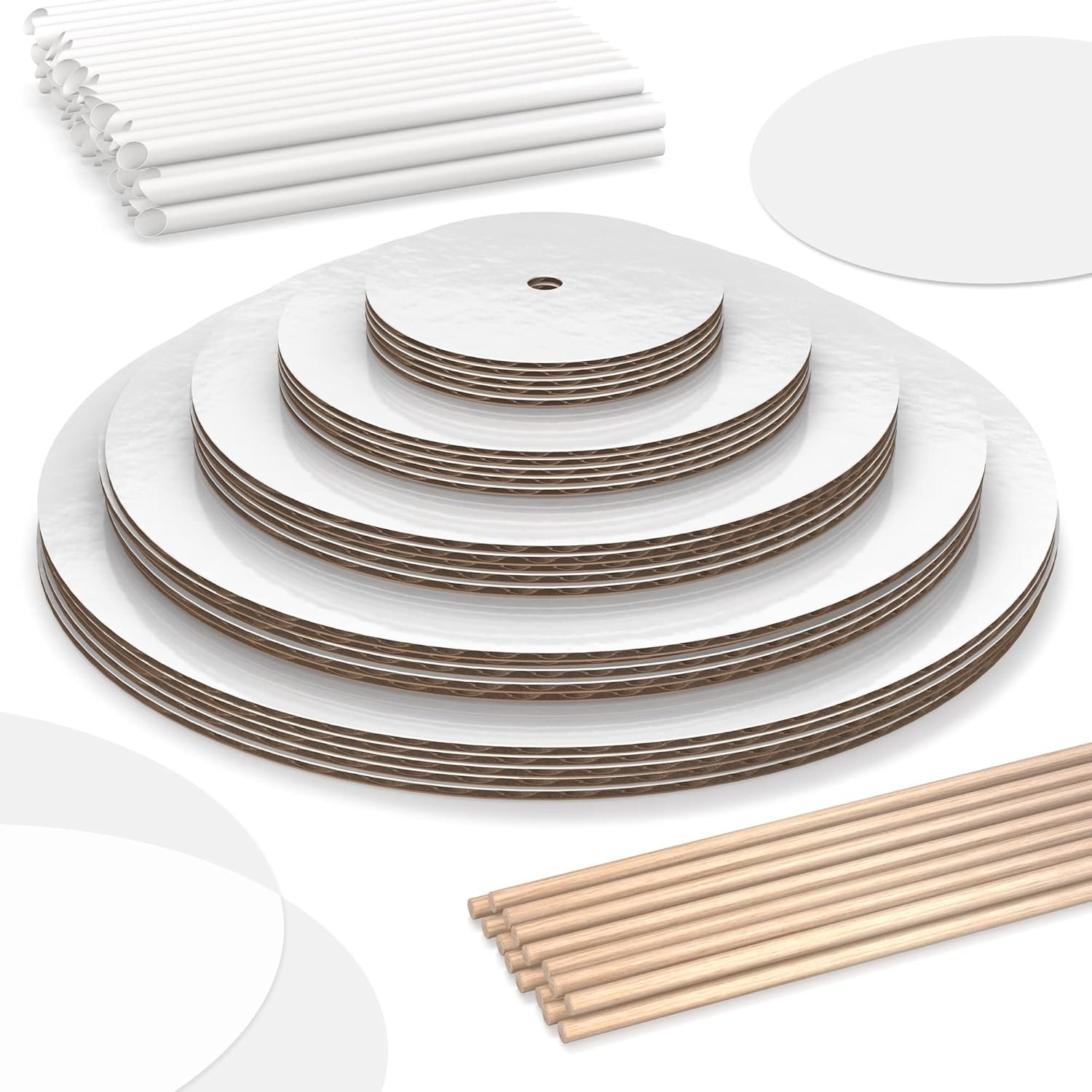 BluShore Cake Boards Tiering Kit - Cake Board 12, 10, 8, 6, and 4 Inch (5 Pieces Each) With Parchment Paper Rounds, Wooden Dowels, and Straw Dowels - Cardboard Cake Rounds Stacking Kit [215 Pieces]