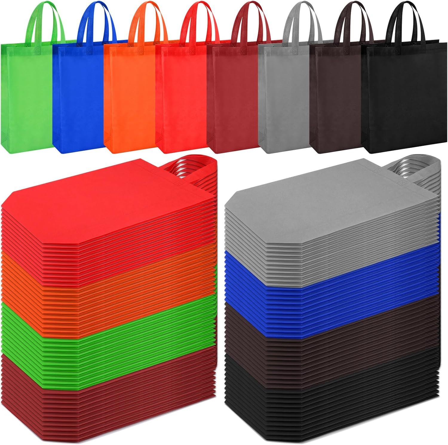 Silkfly 160 Pcs Non Woven Tote Bags Bulk 11.8 x 15 x 4 Inch Large Reusable Grocery Bags with Handles Foldable Fabric Shopping Tote Bag Multicolor Rainbow Gift Bags for Home Party Present Supplies