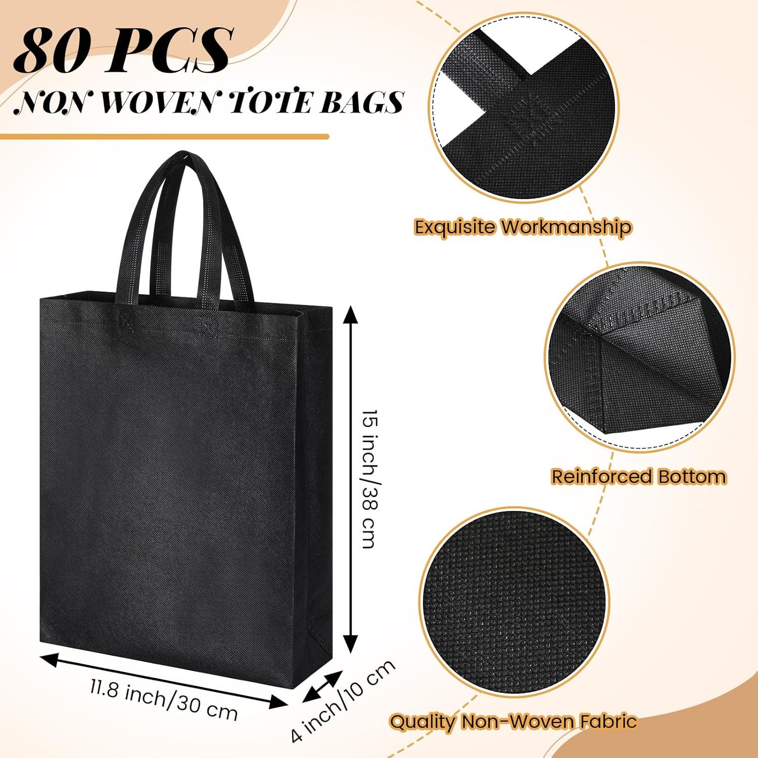Wholesale 80 Pcs Large Non Woven Reusable Tote Grocery Gift Bags 15 x 11.8 x 4 Inches Factory