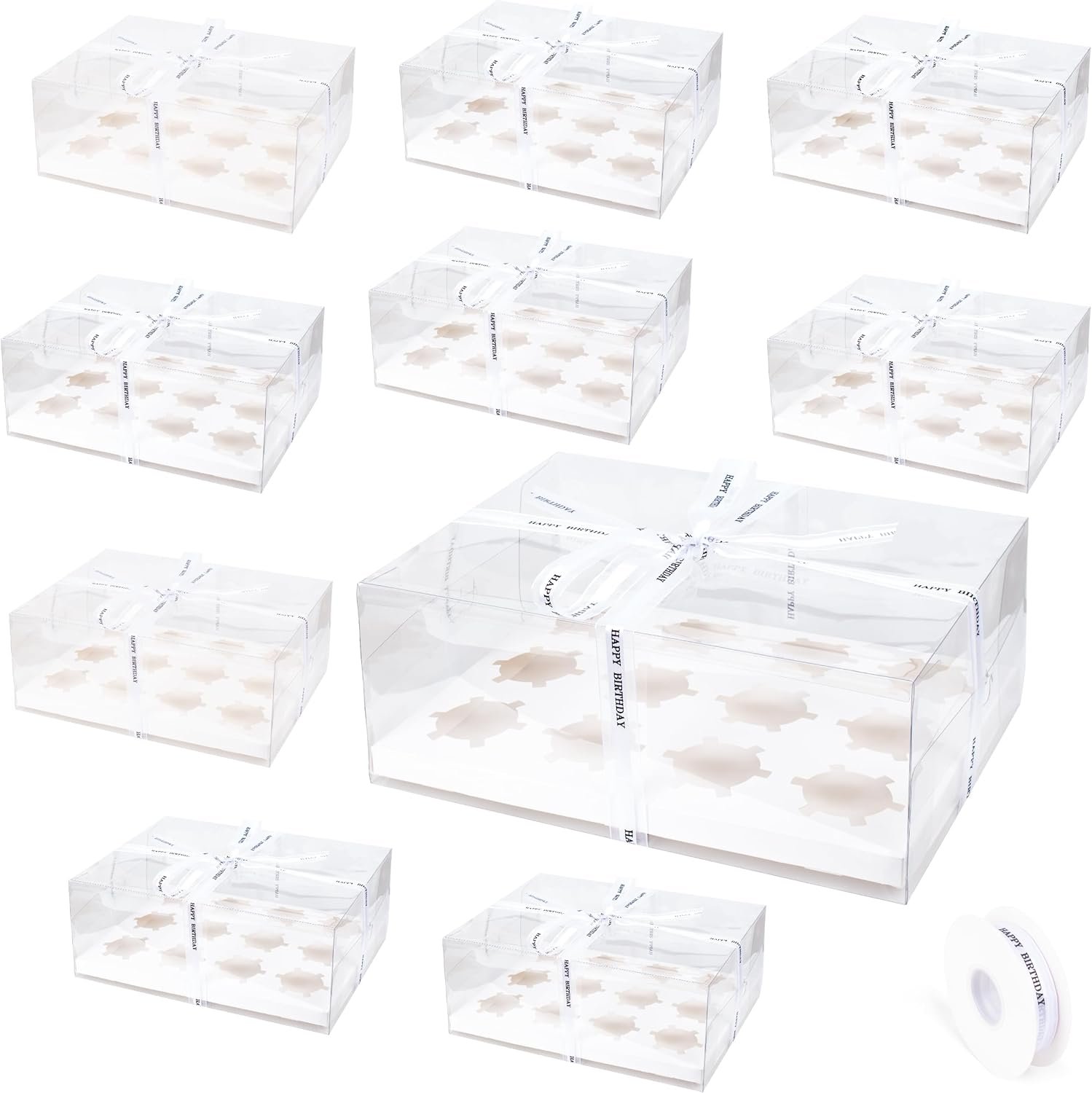 10 Pack Clear Cupcake Boxes, 12 Counts Cupcake Containers with Gift Ribbon, Plastic Cupcake Carrier Holder for Treat Dessert Cookies Muffins Pastry Baby Shower Party