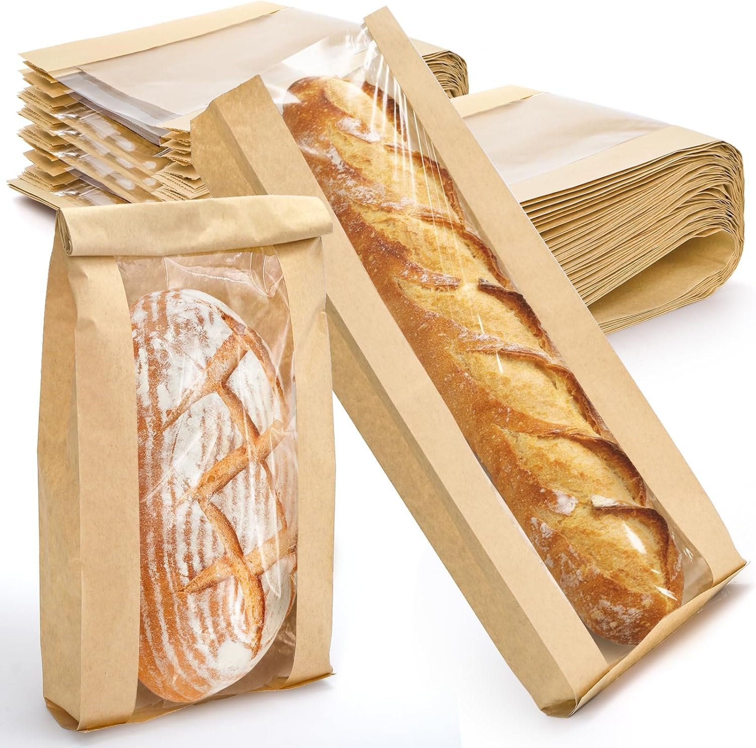 150 Pack Paper Bread Bag with Window, 18"x7"x2" Long French Bread Bag, Brown Kraft Baguette Bags, Loaf Storage Packing Sacks Biscuits Packaging for Homemade, Bakery, Coffee Bar