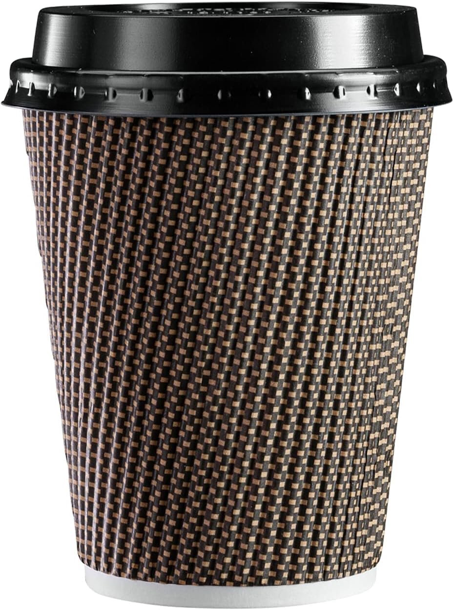 GUSTO [12 oz. - 50 Sets Insulated Brown Patterned Ripple Paper Hot Coffee Cups With Lids (Lids Color May Vary) - Ideal for Hot Beverages, Travel, and Office Use - (Formerly Comfy Package)