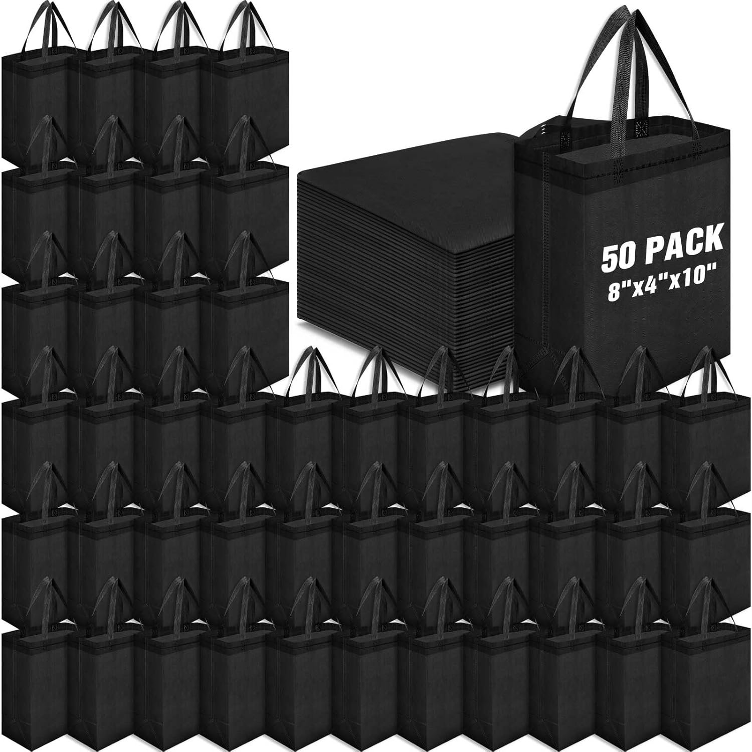 Windyun 50 Pcs Reusable Tote Bag Bulk 8 x 4 x 10 Inch Non Woven Shopping Bag with Handle Christmas Reusable Grocery Gift Tote (Black)