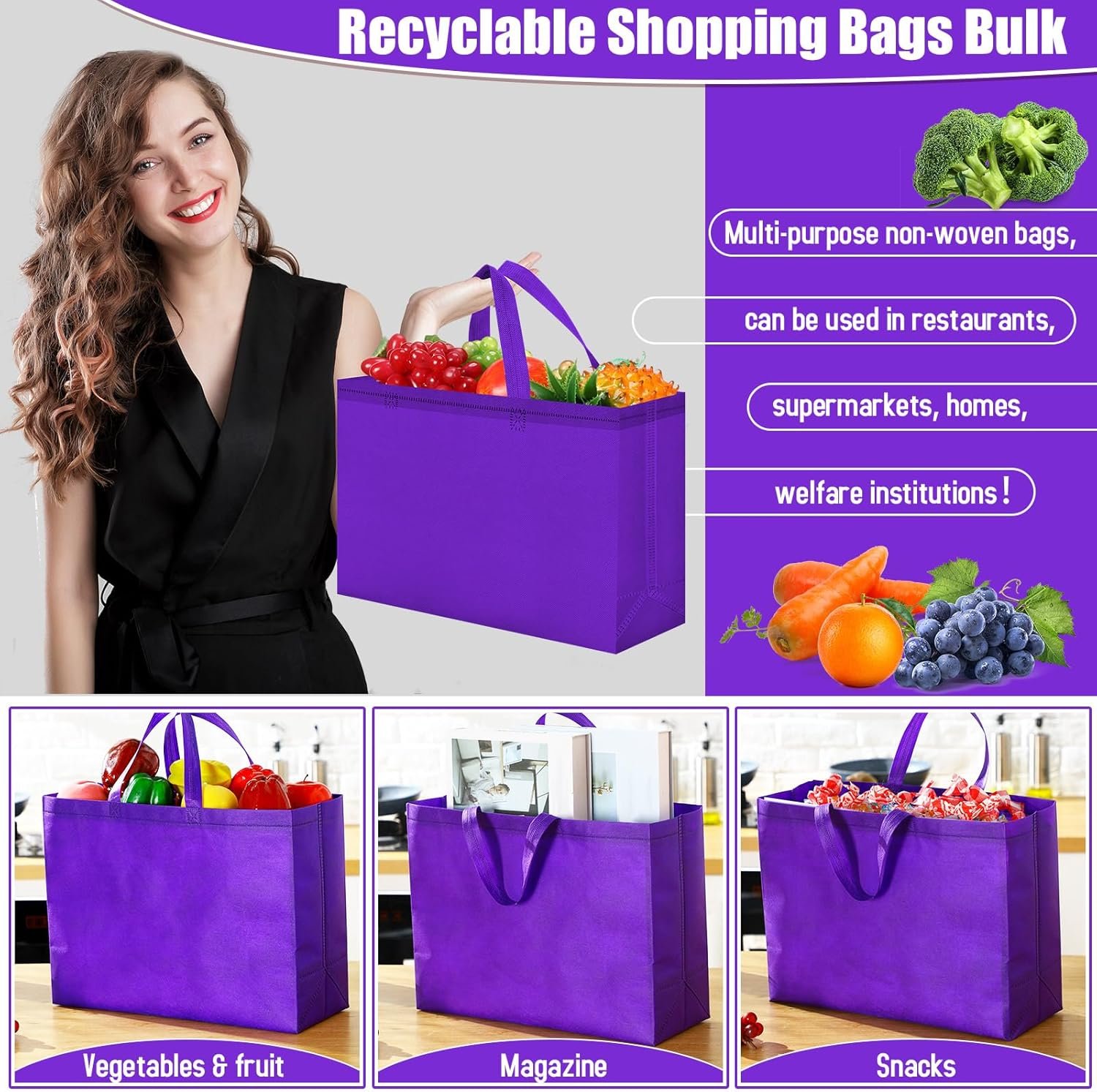 Wholesale Large Reusable Non-Woven Grocery Shopping Bags with Handles Foldable Portable Tote 16x6x12 Inch Factory