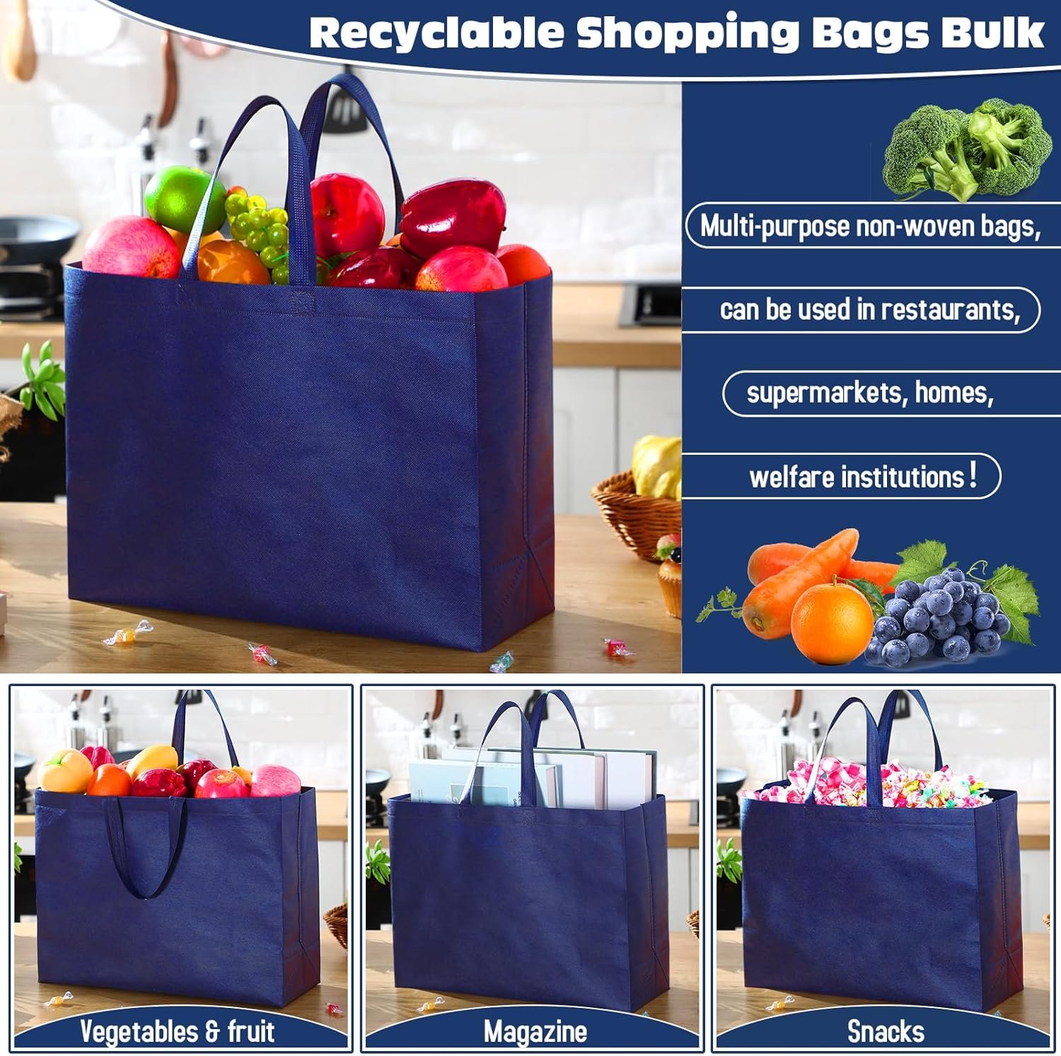 Wholesale Reusable Large Non-Woven Grocery Shopping Bags with Handles Foldable Portable Tote 16x6x12 Inch Factory