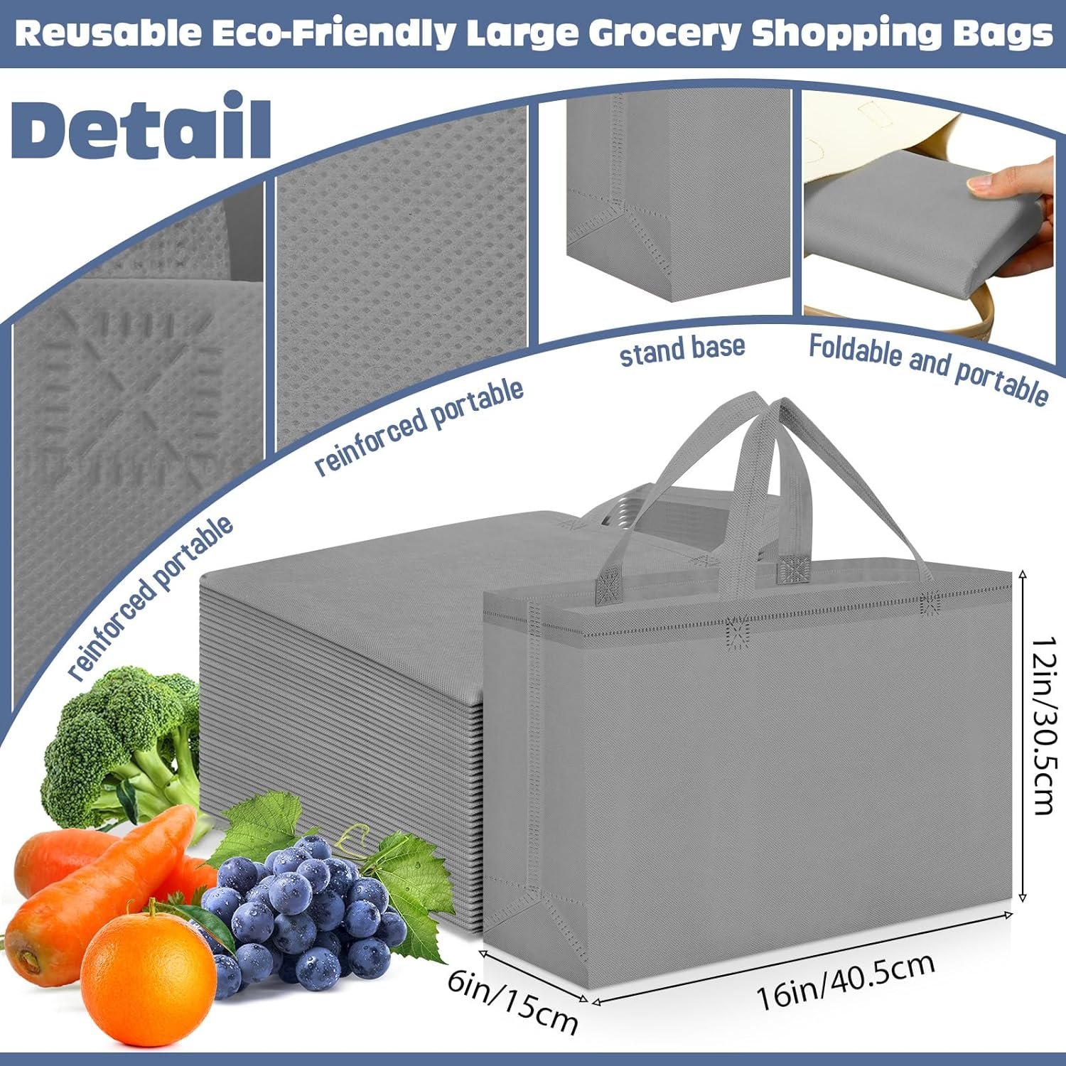 Wholesale Large Non-Woven Reusable Grocery Tote Bags with Handles Foldable Portable 16x6x12 Inch Factory