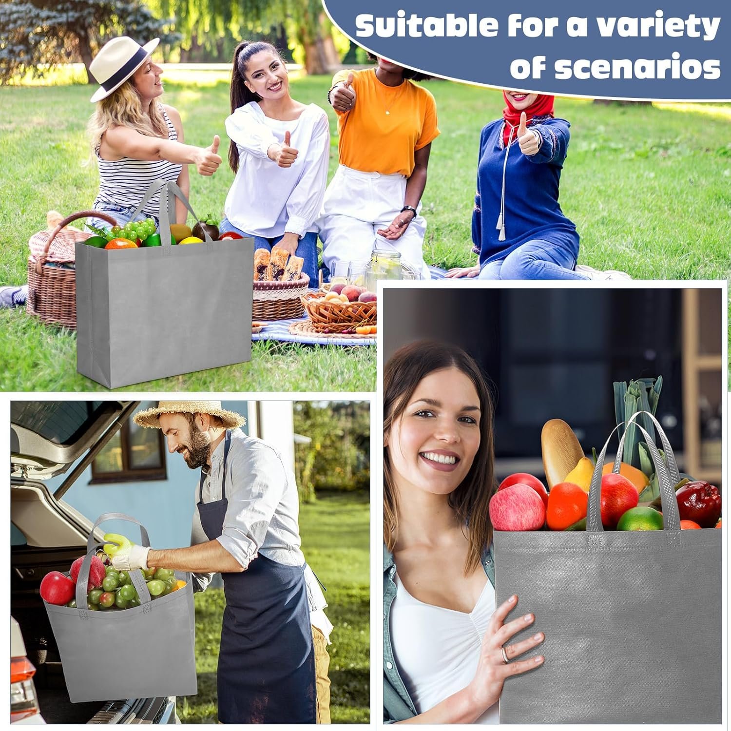 Wholesale Large Non-Woven Reusable Grocery Tote Bags with Handles Foldable Portable 16x6x12 Inch Factory