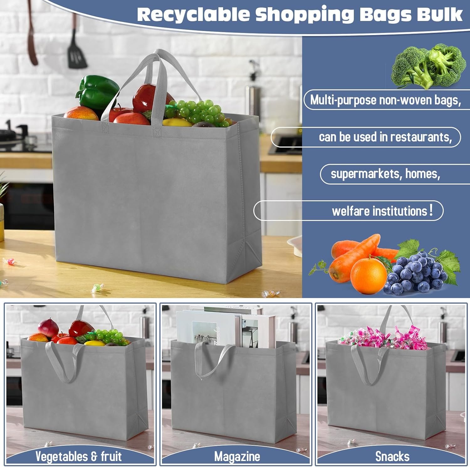 Wholesale Large Non-Woven Reusable Grocery Tote Bags with Handles Foldable Portable 16x6x12 Inch Factory