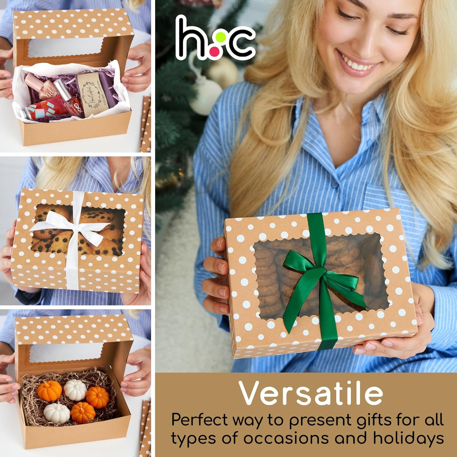 Wholesale 8.3x6x2.8 Inch Brown Kraft Cookie Boxes with Ribbons Window 20 Pack Food Grade Cardboard Bakery Boxes for Christmas Baked Goods Candy Holiday Packaging Empty Factory