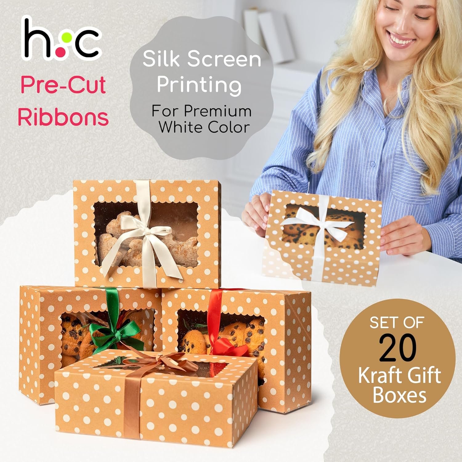 Wholesale 8.3x6x2.8 Inch Brown Kraft Cookie Boxes with Ribbons Window 20 Pack Food Grade Cardboard Bakery Boxes for Christmas Baked Goods Candy Holiday Packaging Empty Factory