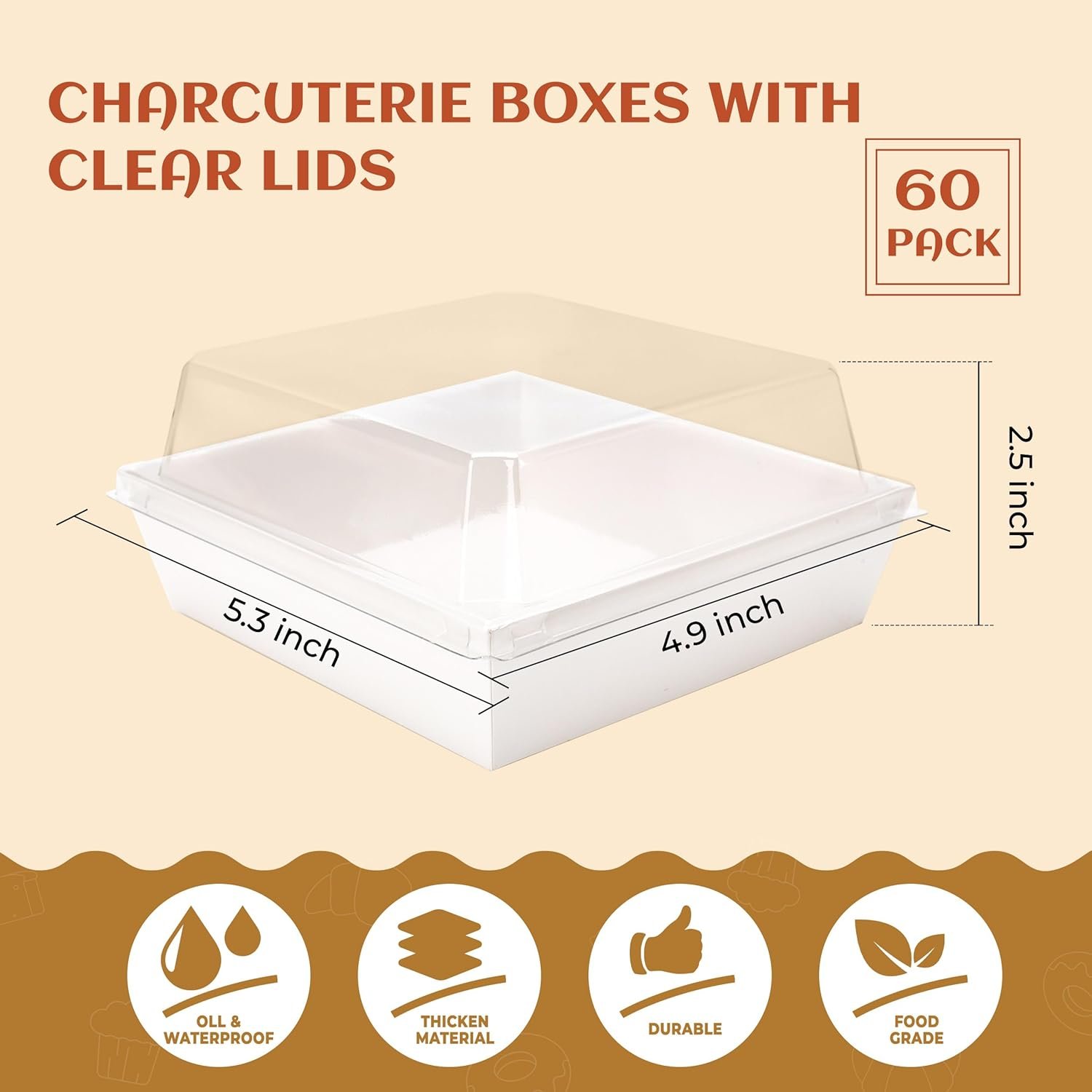 Wholesale 5.3x4.9x2.5 Inch Small Square Charcuterie Dessert Boxes Clear Lids Disposable To-Go Containers Cookies Sandwiches Cake Slices White 60 Pack Factory