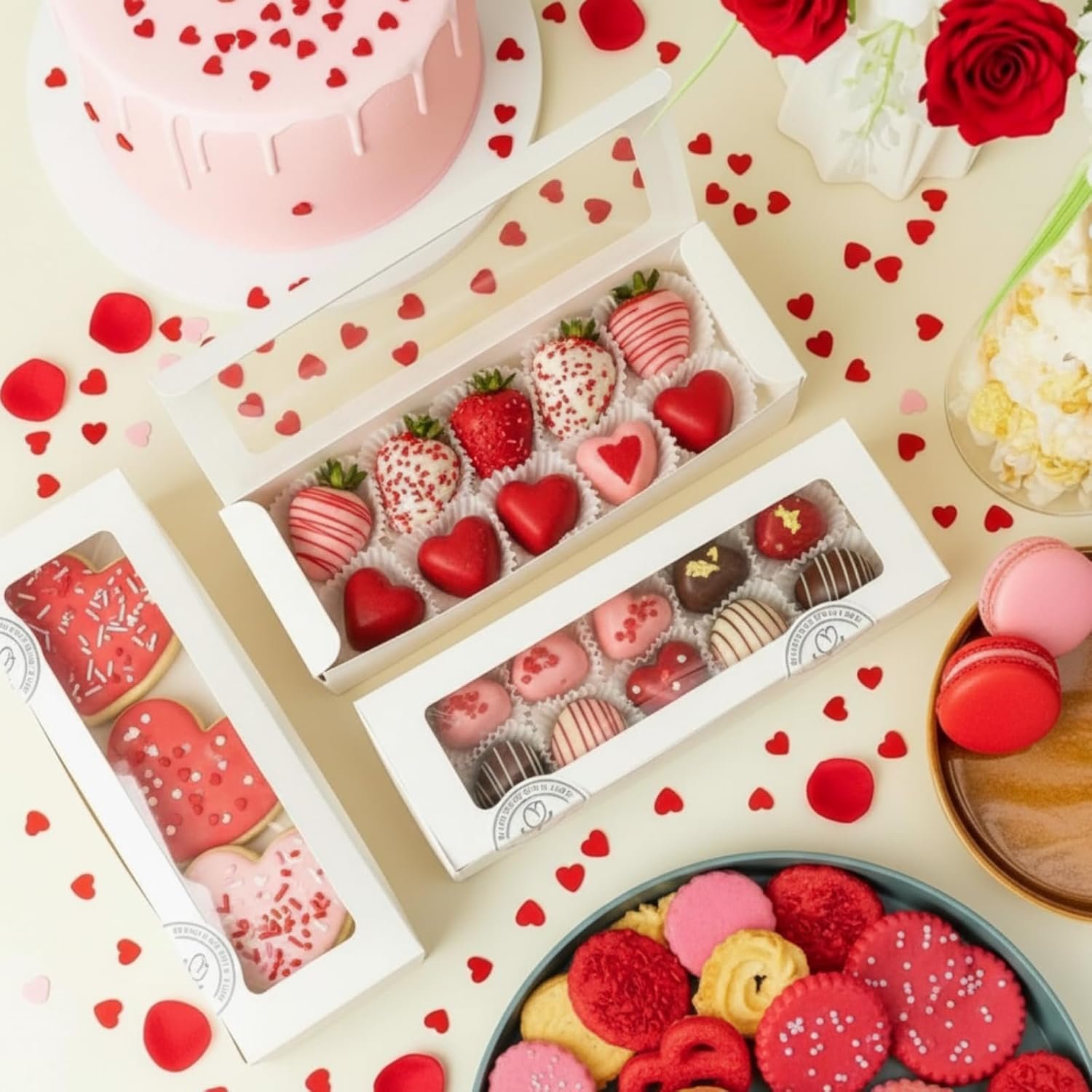 Wholesale 50 White Macaron Boxes with Window & Stickers Bakery Containers for Valentine Chocolate Covered Strawberries Truffles Cookies Donuts Pastries Factory