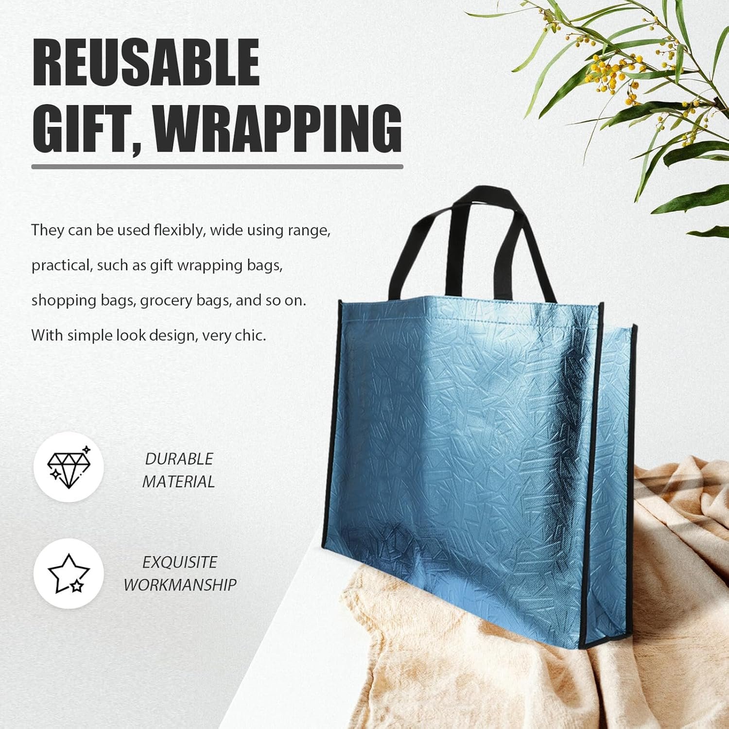 Wholesale Reusable Blue Non-Woven Tote Bags with Handles 4pcs for Grocery Wedding Packaging Factory