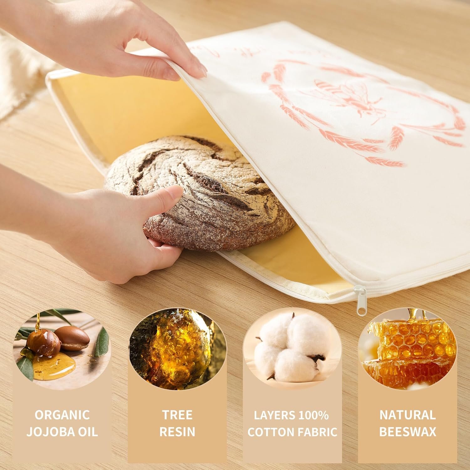 OEM XL Beeswax Bread Bags 2-Pack Wide Zipper Reusable Linen Cotton Sourdough Storage for Homemade Bread Homesteading Keeps Fresh Factory