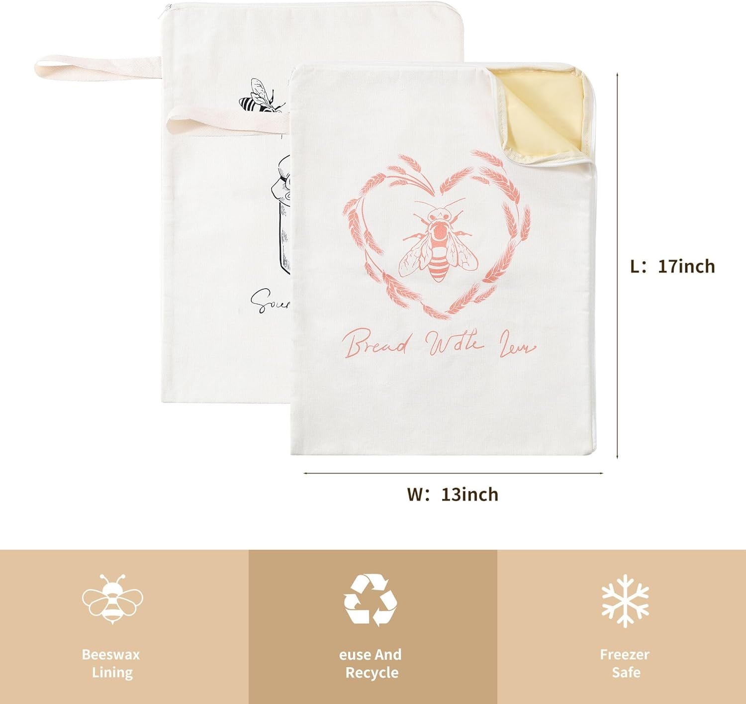 OEM XL Beeswax Bread Bags 2-Pack Wide Zipper Reusable Linen Cotton Sourdough Storage for Homemade Bread Homesteading Keeps Fresh Factory