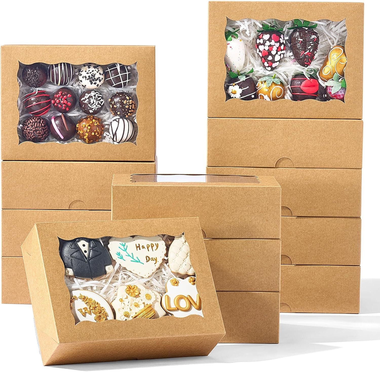 8x6x2.5 Inch 50PCS Baking Boxes with Window for Pastry,Treat,Macaron,Dount,Cookies,Chocolate Covered Strawberries,Brown Bakery Boxes Strawberry Boxes,Muffins