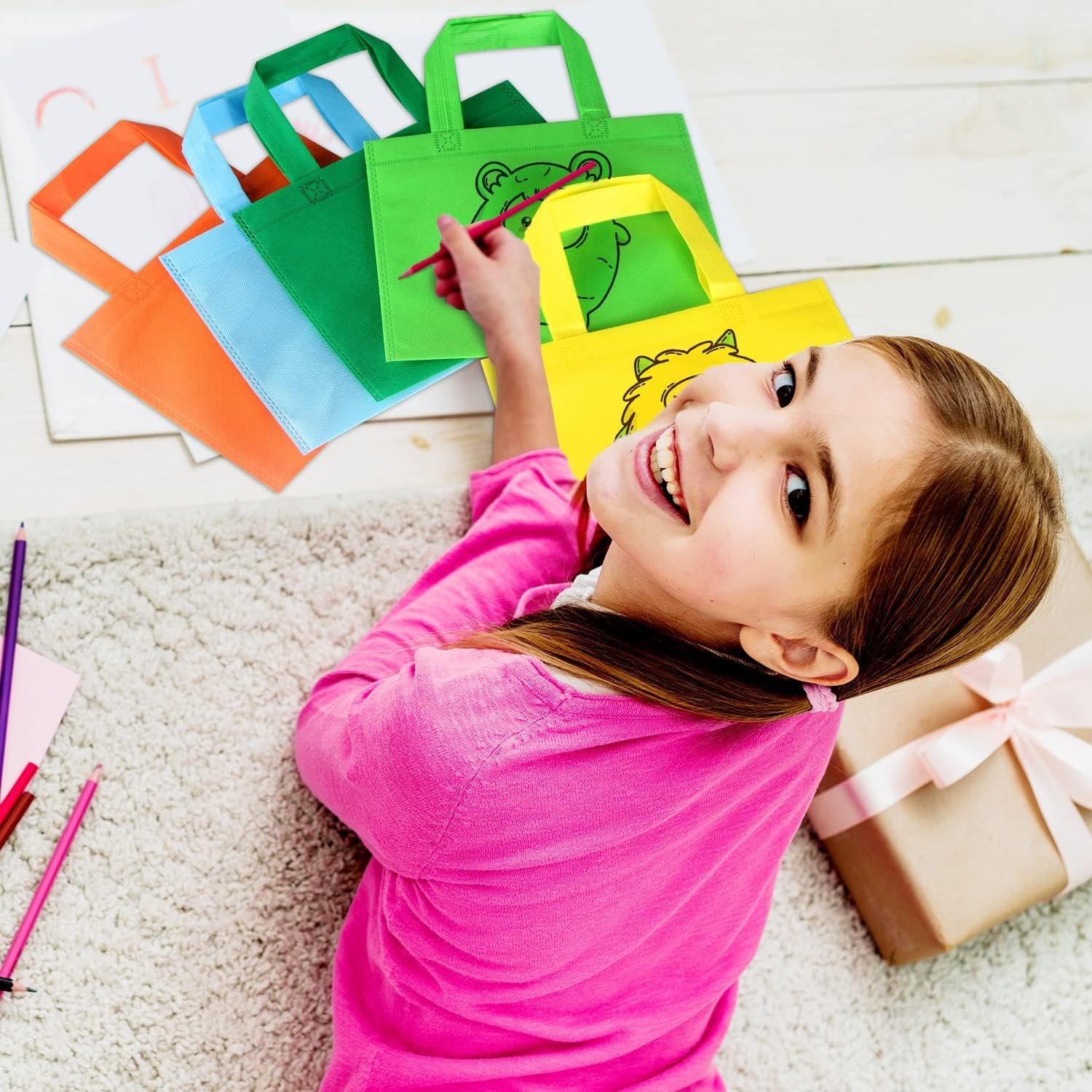 Wholesale 30 Pack 9.8'' Small Non-Woven Reusable Kids Tote Bags with Handles Rainbow Party Favor Goodie Bags for Birthday Factory