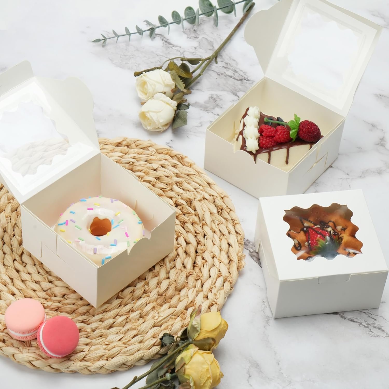 Wholesale 60pcs 4x4x2.5 Inch Cookie Bakery Boxes with Window for Cupcakes Macarons Donuts Pastries Treats Factory